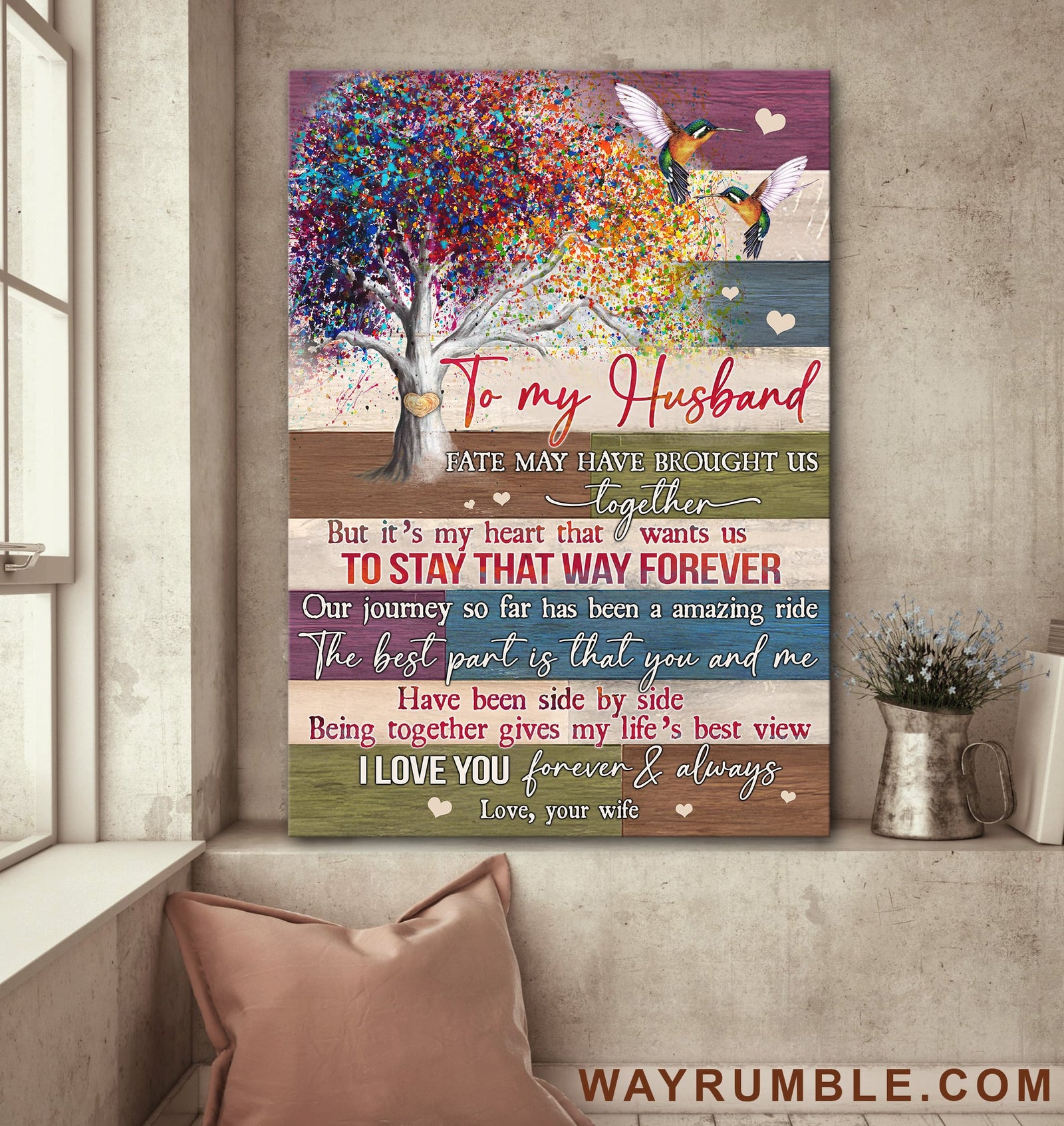 To my husband, Colorful tree, Hummingbird I love you forever and always - Couple Portrait Canvas Prints, Wall Art