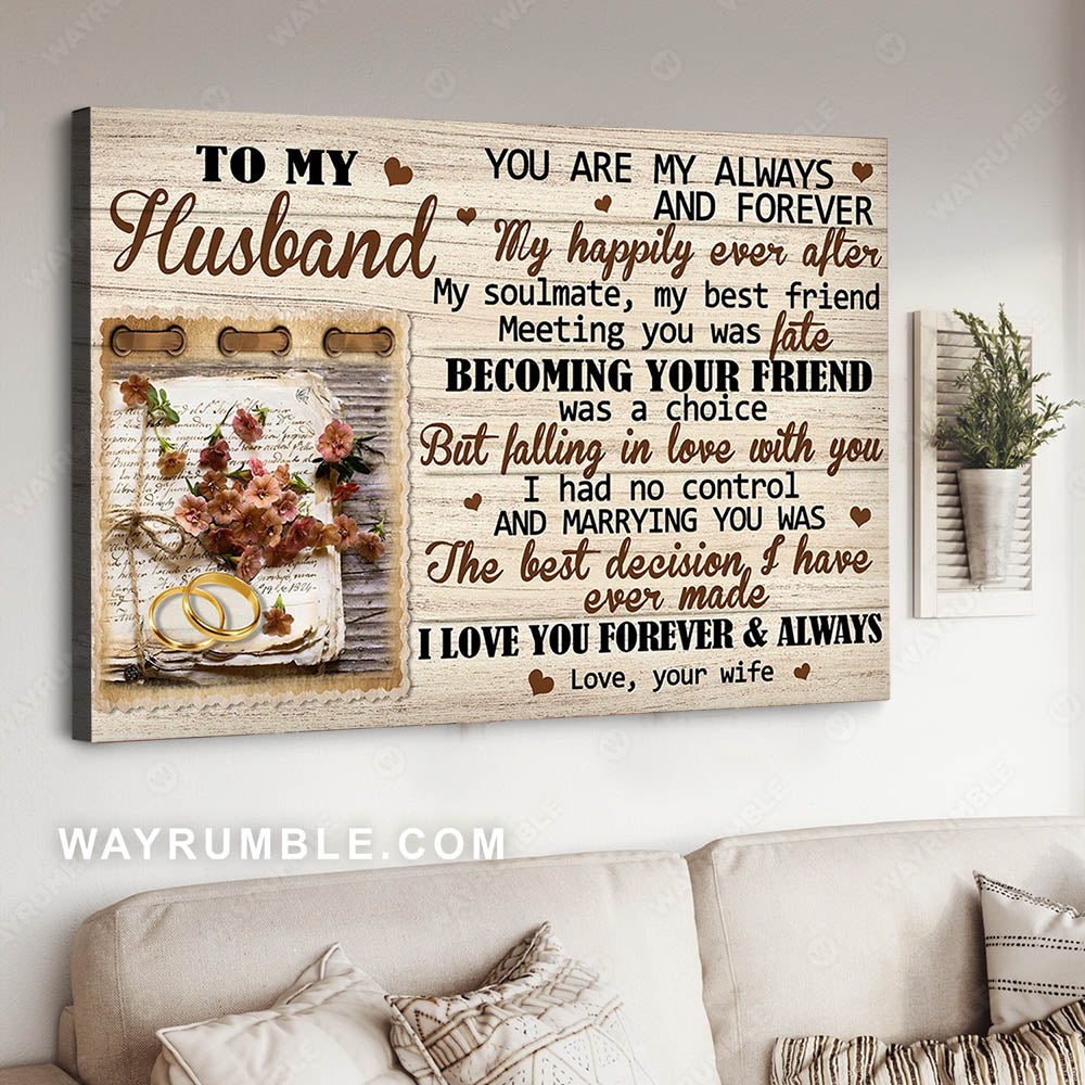To my husband, Wedding rings, Letter, You are my happily ever after - Couple Landscape Canvas Prints, Wall Art