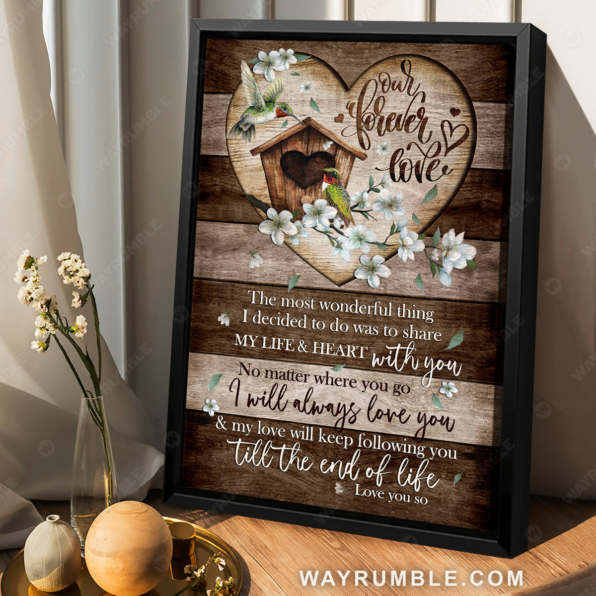 Wooden bird house, Jasmine flower, Wooden background, I will always love you - Couple Portrait Canvas Prints, Wall Art