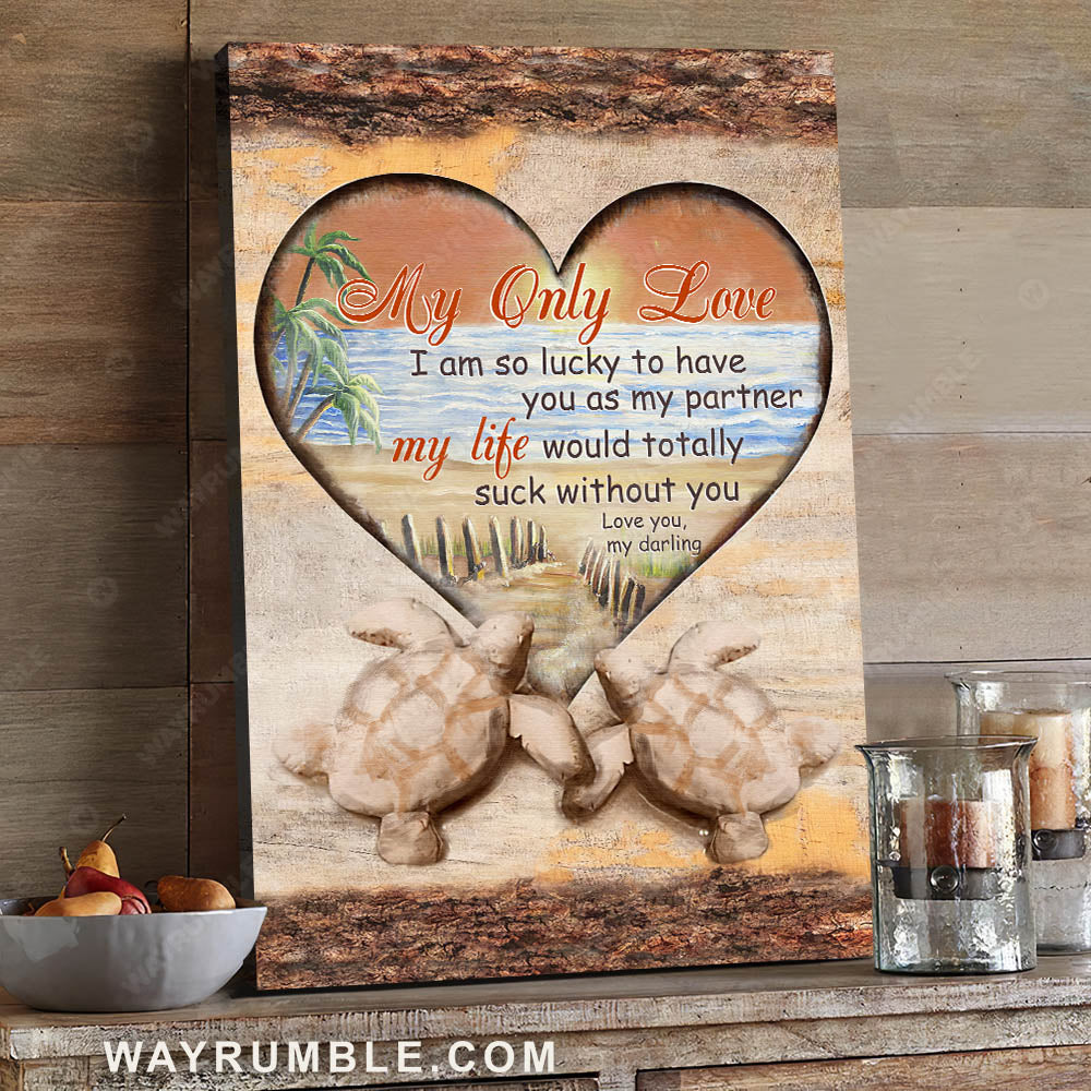 Sand turtle, Sunset on the beach, Heart shape window, I'm so lucky to have you as my partner - Couple Portrait Canvas Prints, Wall Art