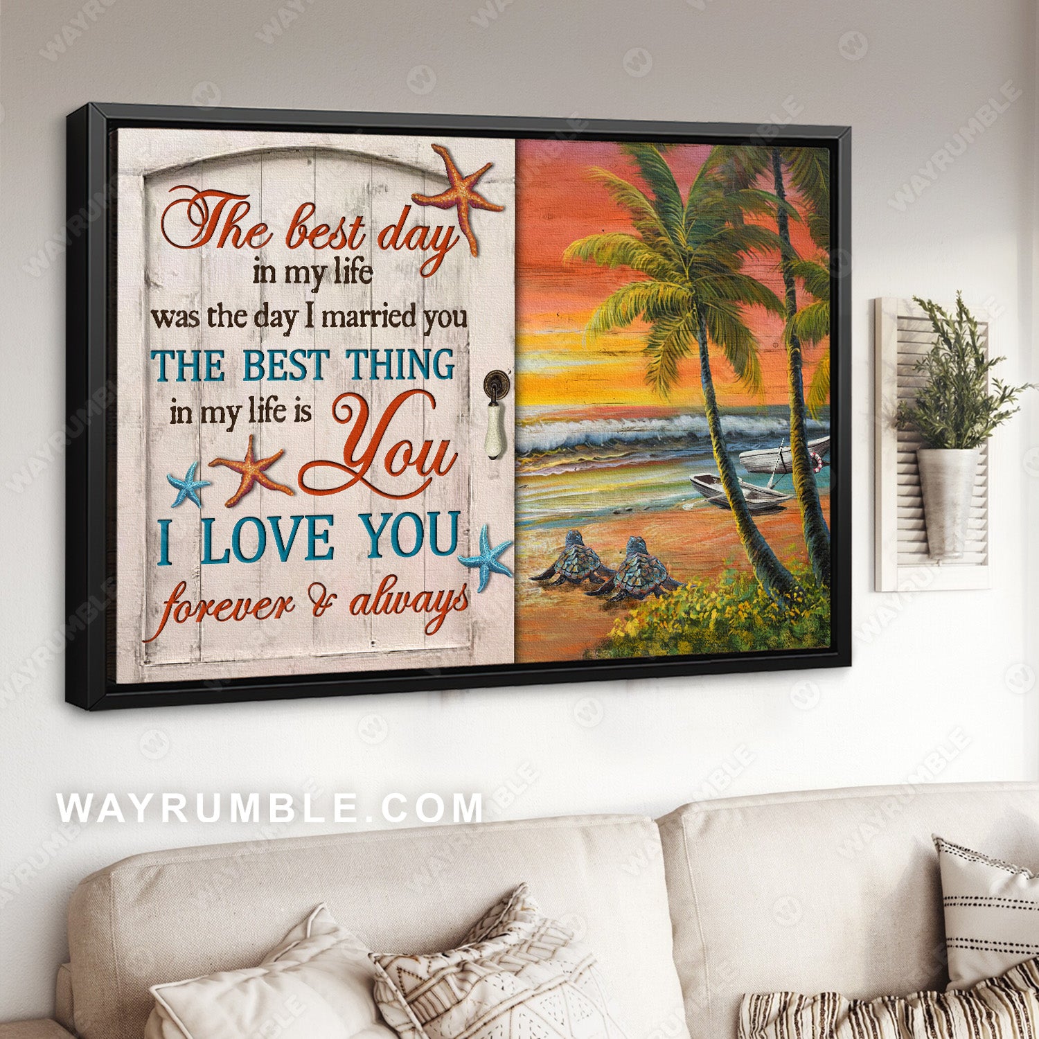 Orange sunset, Sea turtle, Coconut tree, I love you forever and always - Couple Landscape Canvas Prints, Wall Art