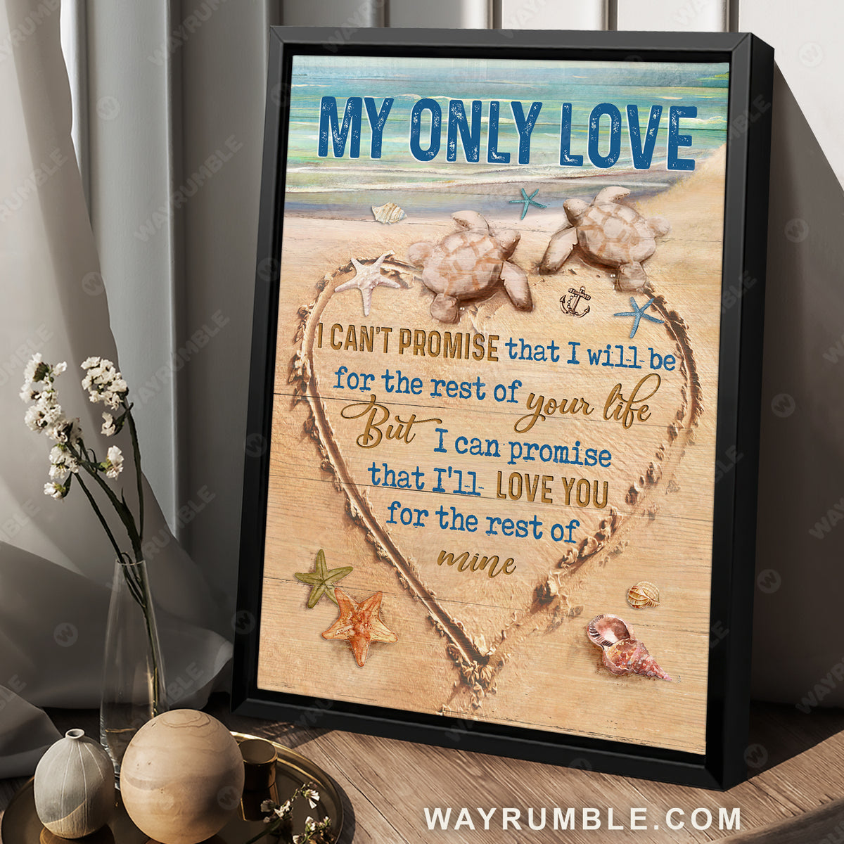 Heart on the sand, Beach painting, Sea turtle, I promise to love you for the rest of my life - Couple Portrait Canvas Prints, Wall Art