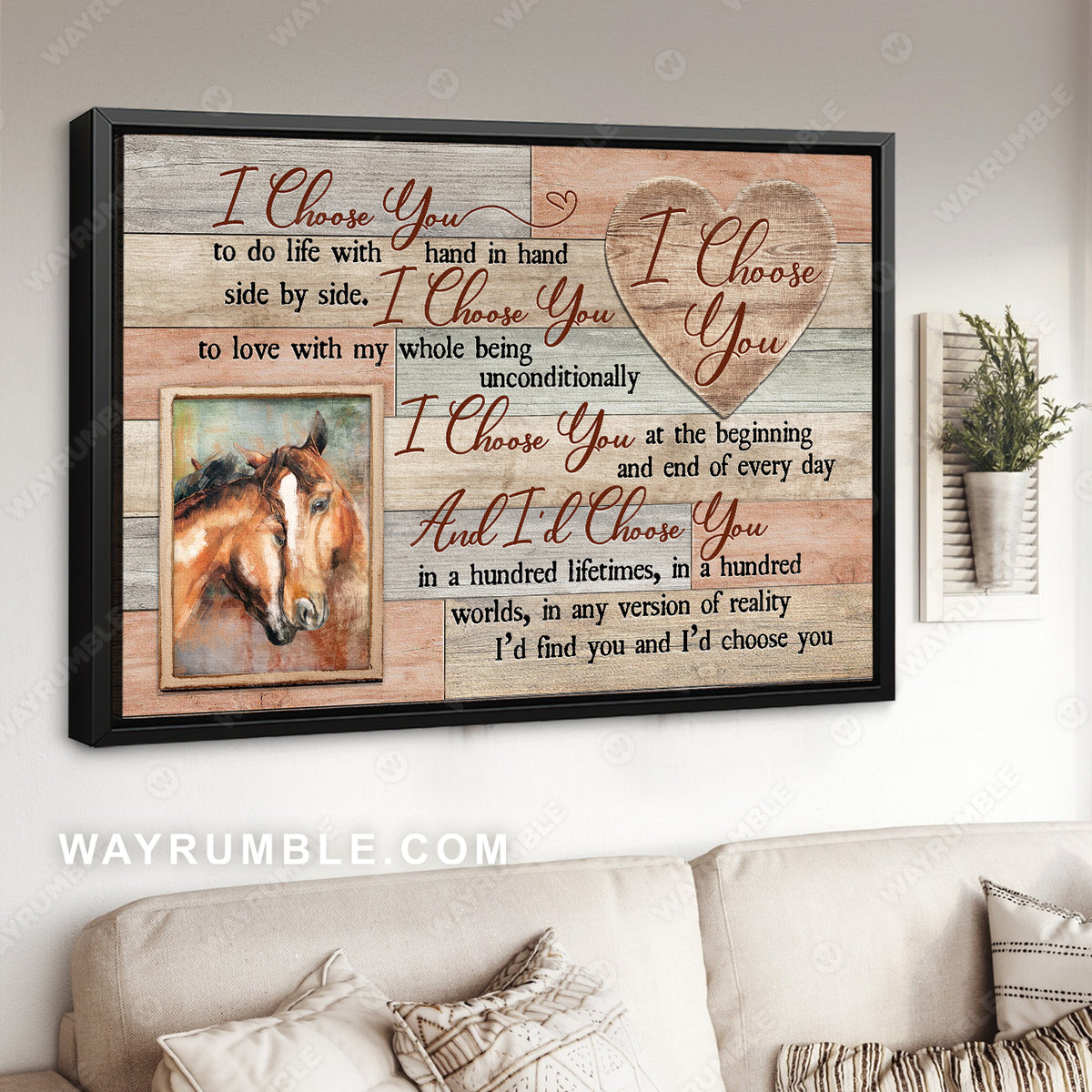 Horse couple, Brown horse painting, Wooden Background, I choose you - Couple Landscape Canvas Prints, Wall Art
