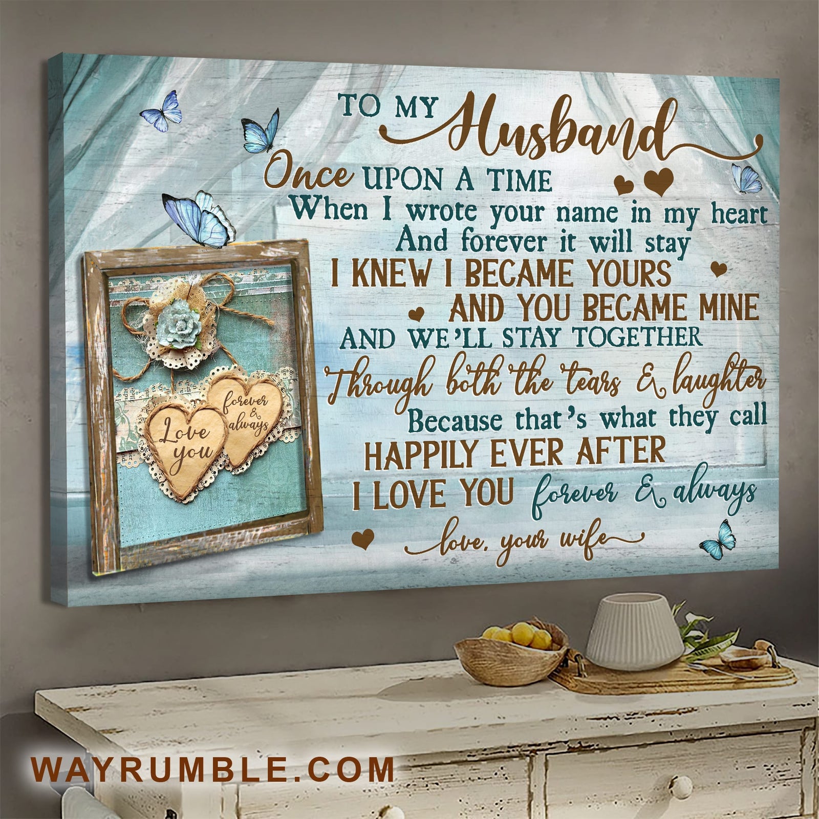 To my husband, Picture frame, Butterfly, Heart Couple, I love you forever & always - Couple Landscape Canvas Prints, Wall Art