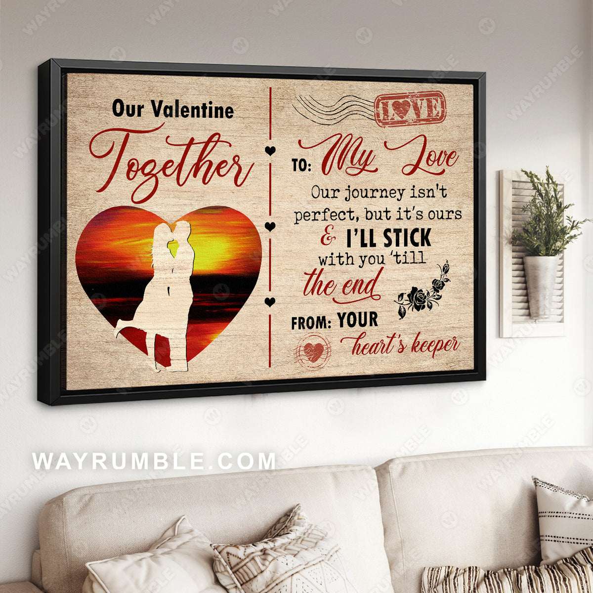 Our valentine together, Couple silhouette, Vintage postcard, I&#39;ll stick with you &#39;till the end - Couple Landscape Canvas Prints, Wall Art