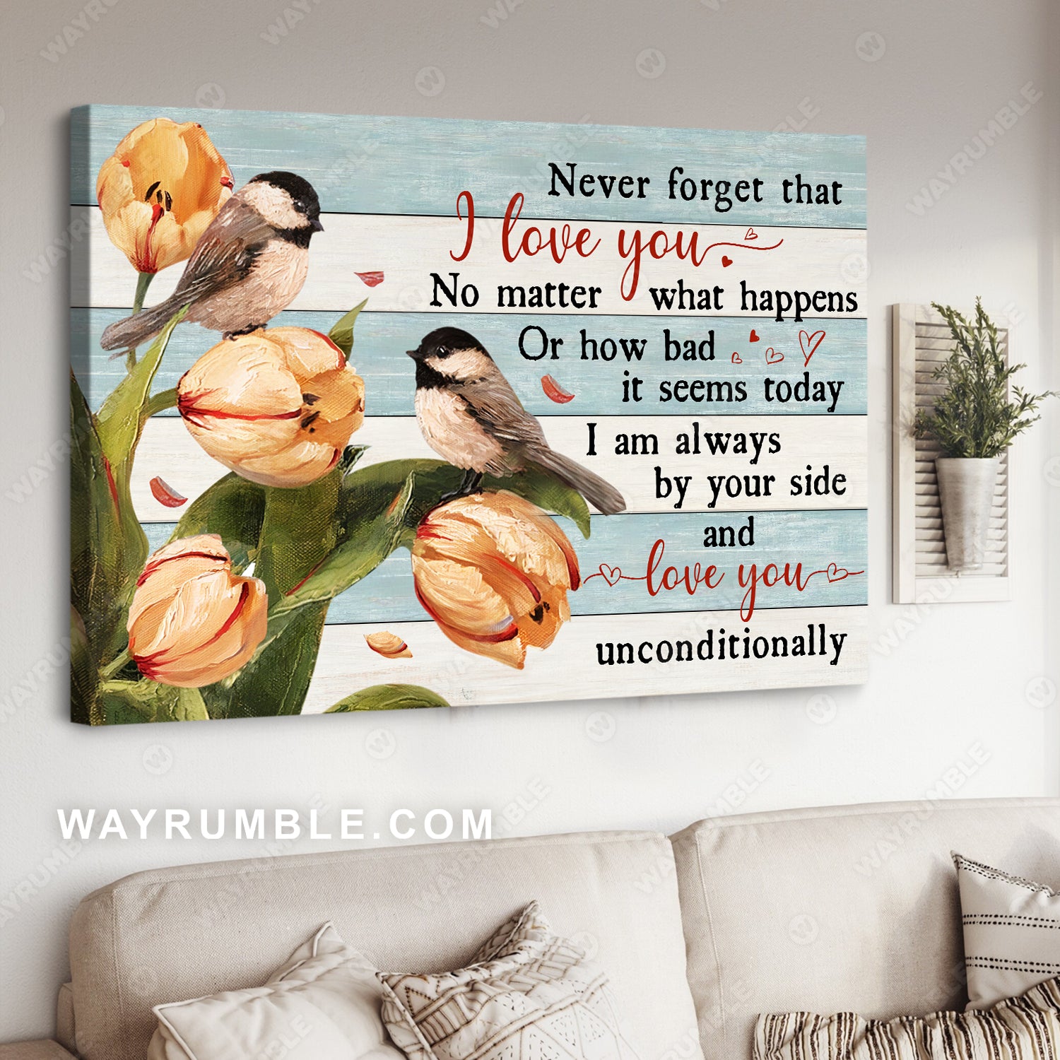 Black-Capped Chickadee, Tulip flower, I love you unconditionally - Couple Landscape Canvas Prints, Wall Art