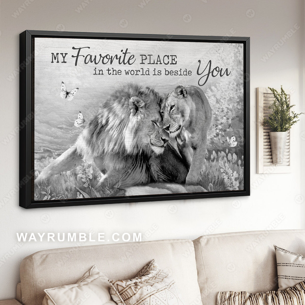 Lion couple, Black and white painting, A peaceful time, My favorite place in this world is beside you - Couple Landscape Canvas Prints, Wall Art