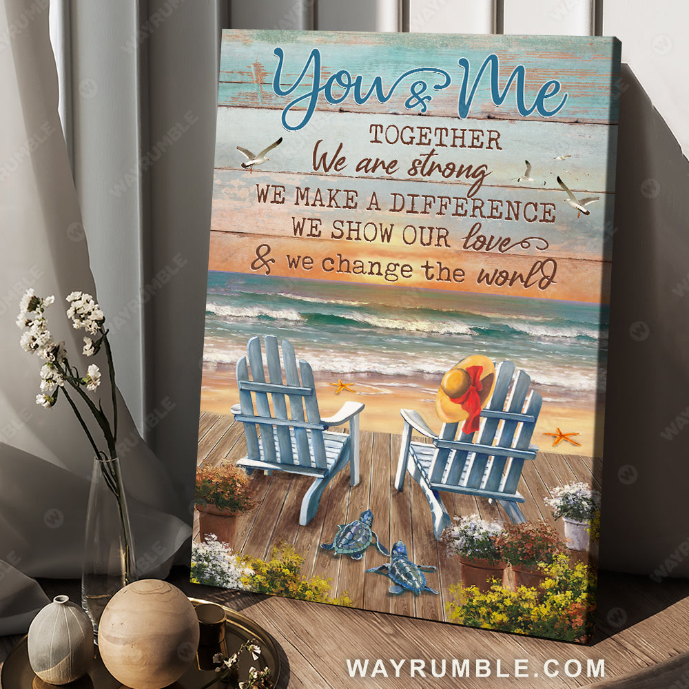 Blue chairs, Ocean painting, Orange sunset, You and me together - Couple Portrait Canvas Prints, Wall Art