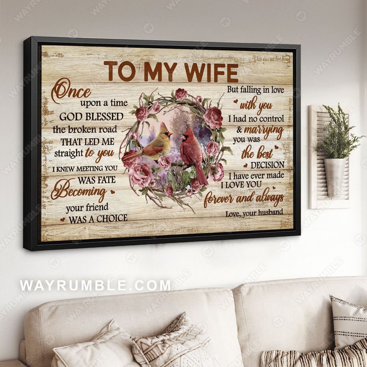 To my wife, Cardinal painting, Flower wreath, I love you forever and always - Couple Landscape Canvas Prints, Wall Art