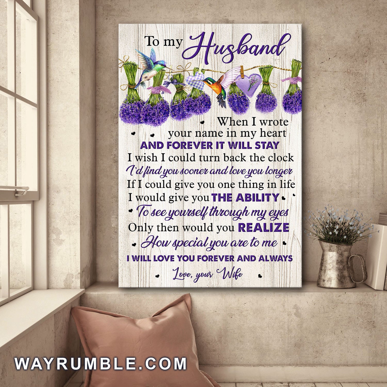 To my husband, Lavender and Hummingbird, I will love you forever and always - Couple Portrait Canvas Prints, Wall Art