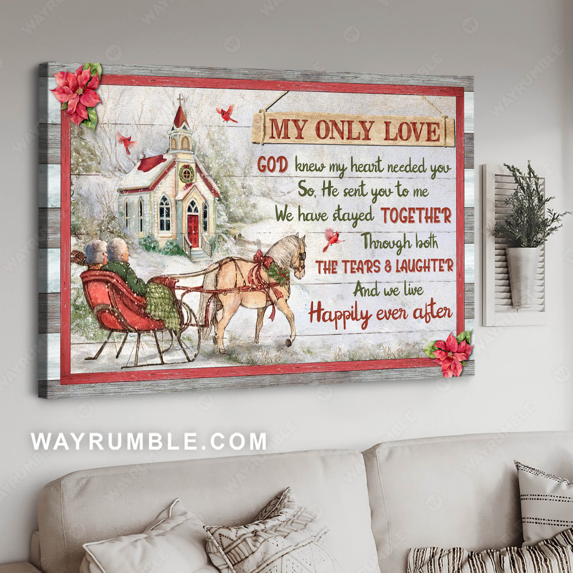 Old couple, Winter village, To the church, We live happily ever after - Couple Landscape Canvas Prints, Wall Art