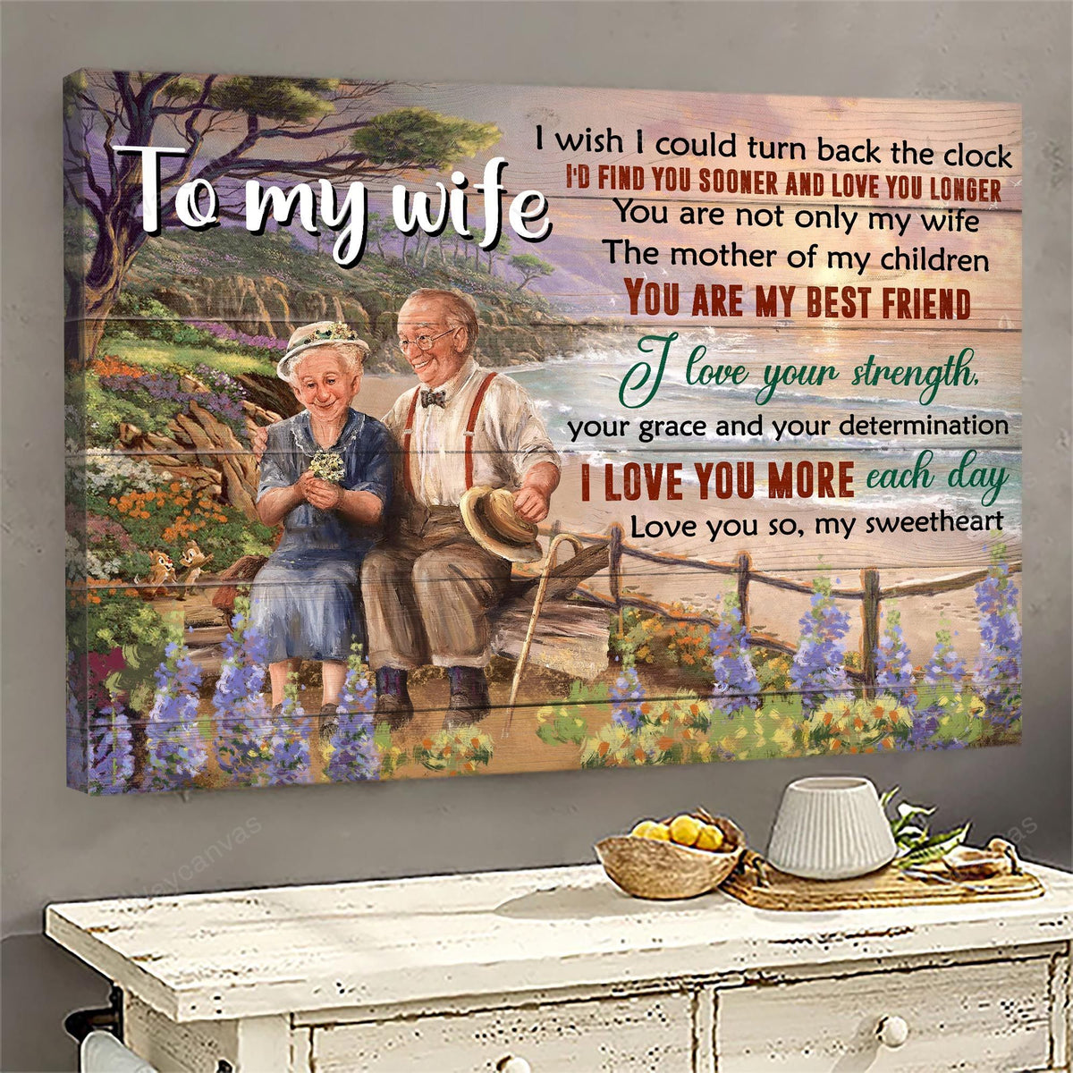 To my wife, Older Couple, Happy Life, Sunset Landscape, I love you more each day - Family Landscape Canvas Prints, Wall Art