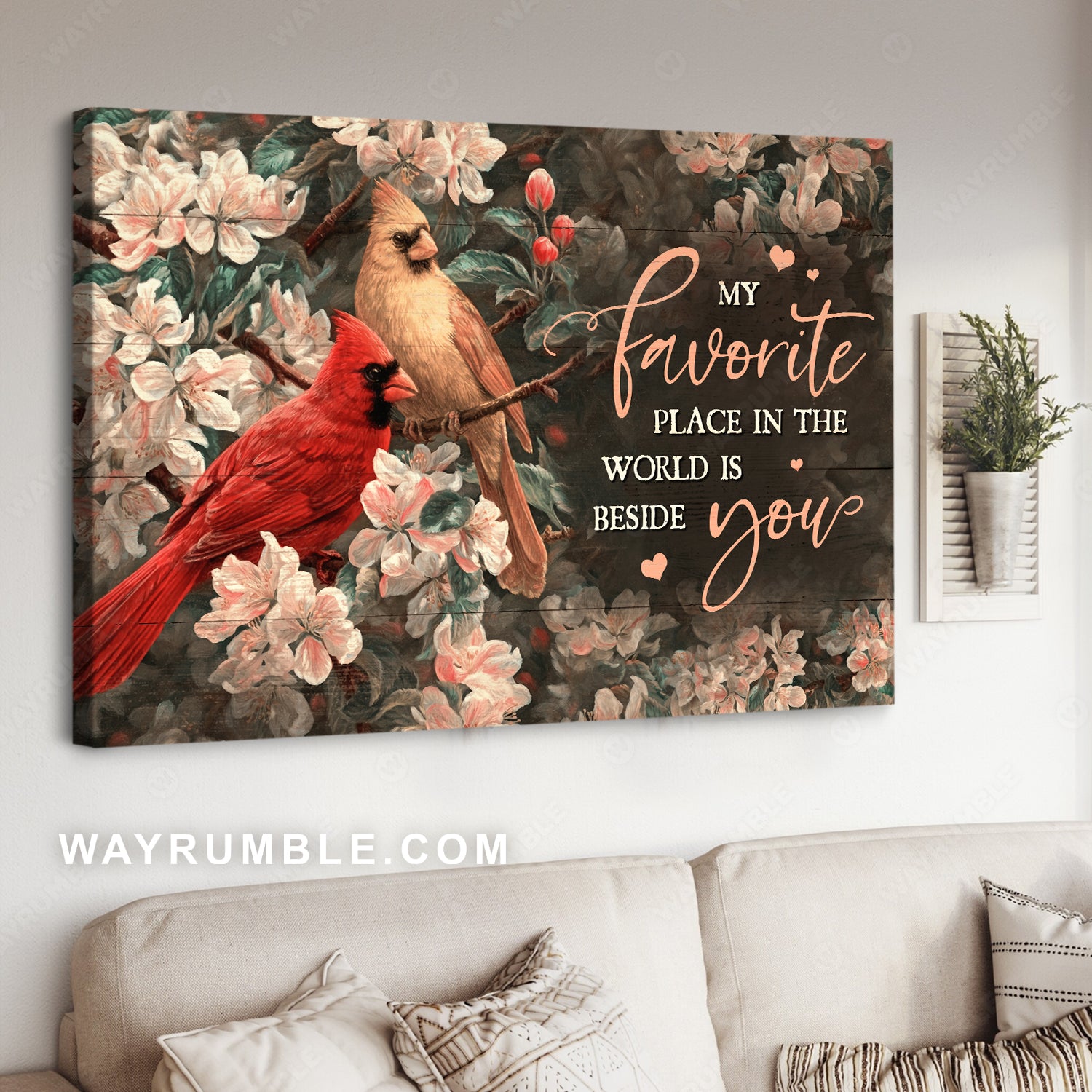 Pink flower garden, Watercolor cardinal, My favorite place in the world is be beside you - Couple Landscape Canvas Prints, Wall Art