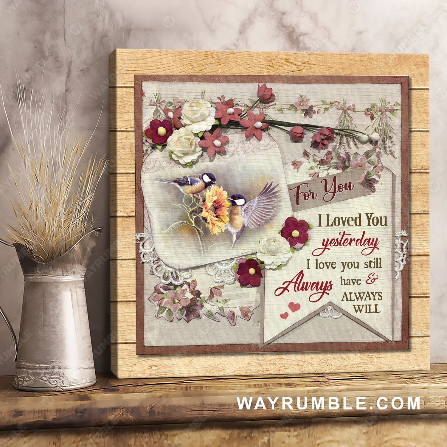 Vintage flower, Black-capped chickadee painting, I love you still, Always have & always will - Couple Square Canvas Prints, Wall Art