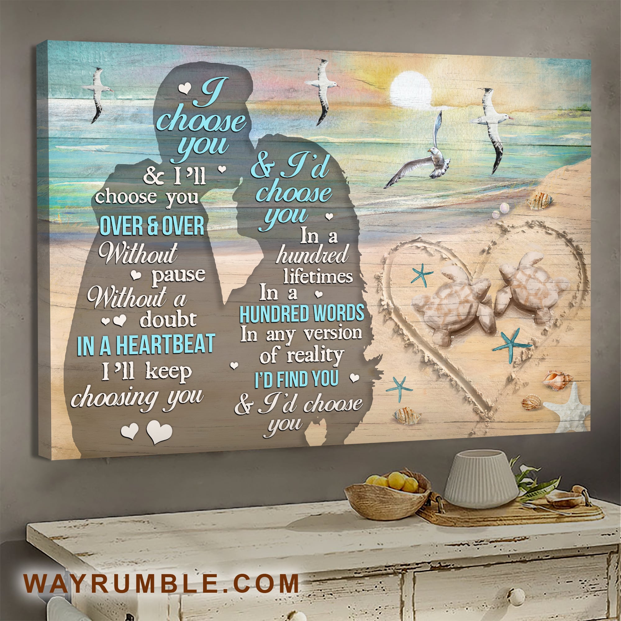 Turtle Couple, Sand Heart, Shadow, Beach, I choose you and I'll choose you over and over - Couple Landscape Canvas Prints, Wall Art
