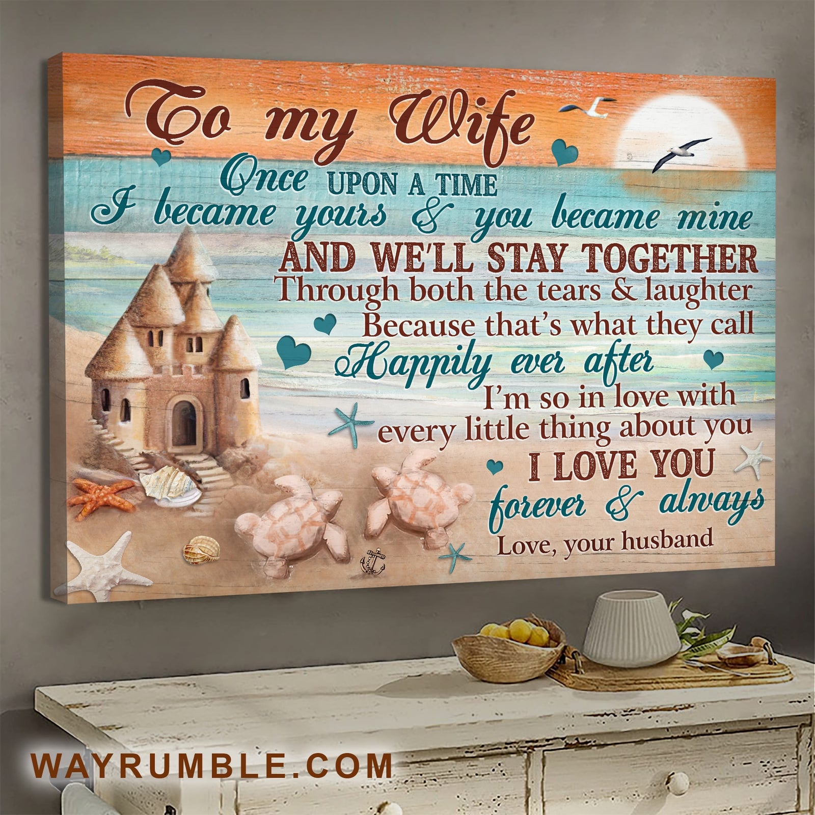 To my wife, Sunset beach, Sand Castle, Sand Turtle Couple, I love you forever & always - Couple Landscape Canvas Prints, Wall Art