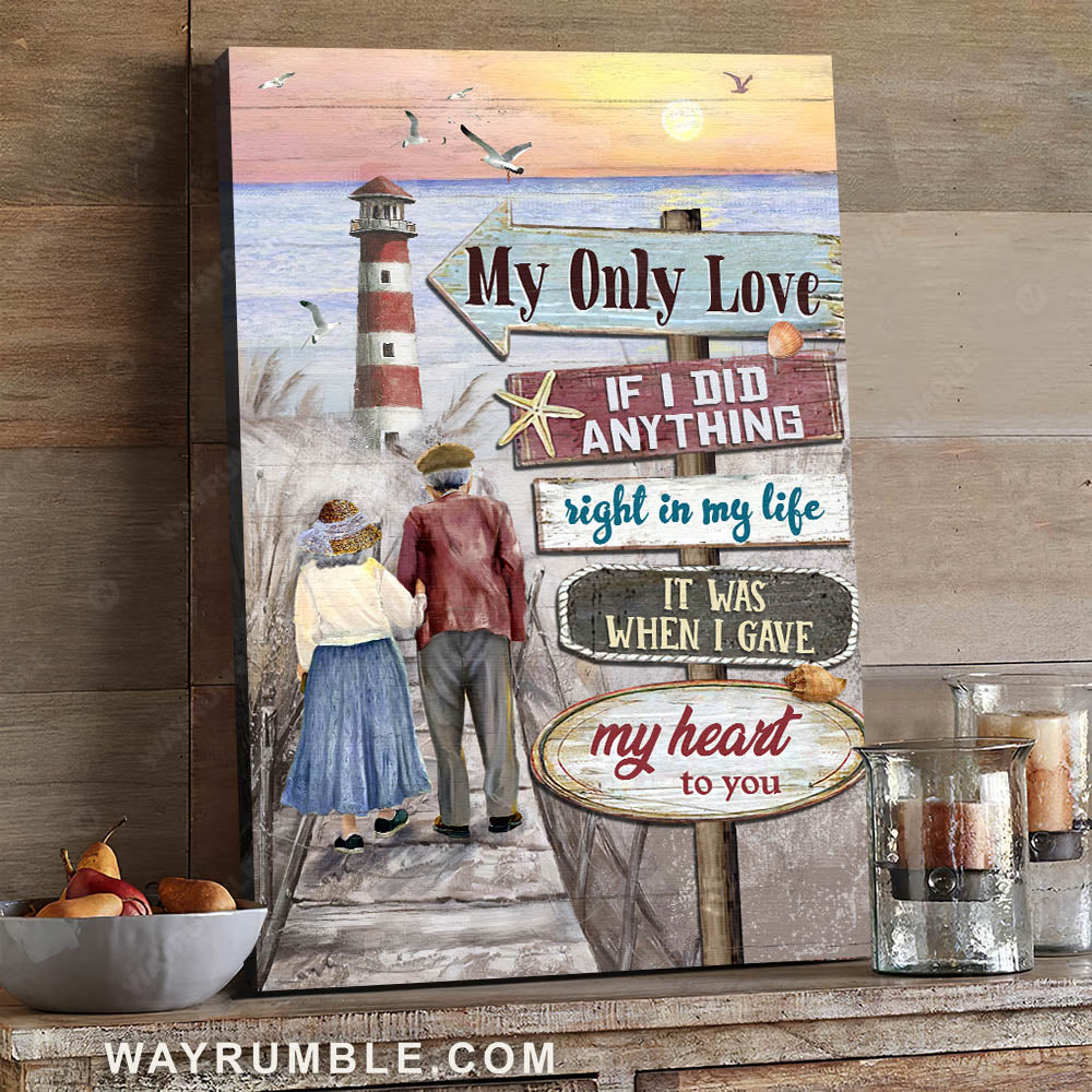 Old couple in love, Sunrise on the sea, Lighthouse, I gave my heart to you - Couple Portrait Canvas Prints, Wall Art