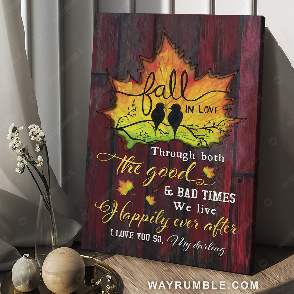 Maple leaves, Black bird, Colorful sunset, We live happily ever after - Couple Portrait Canvas Prints, Wall Art
