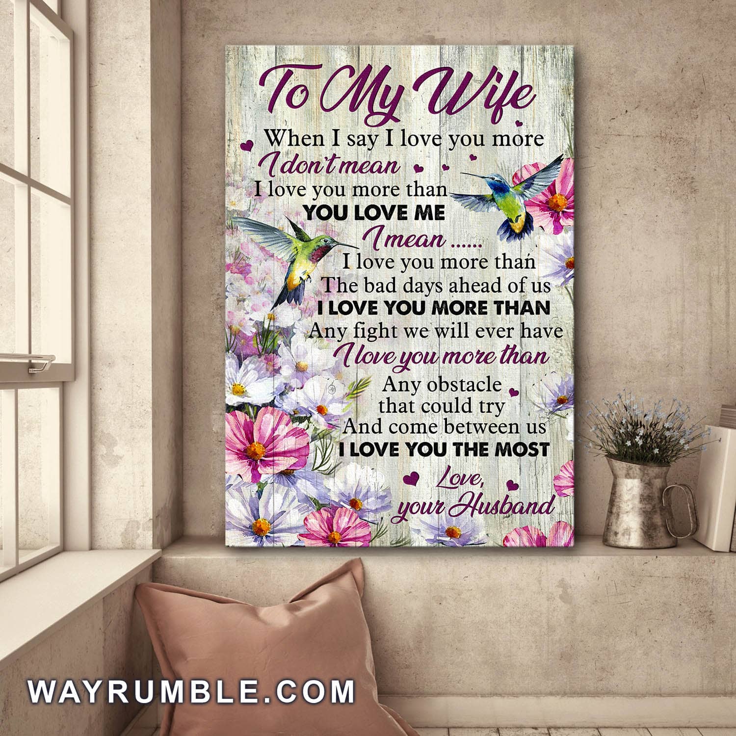 To my wife, Hummingbird, Flower, I love the more than any obstacle that come between us - Couple Portrait Canvas Prints, Wall Art