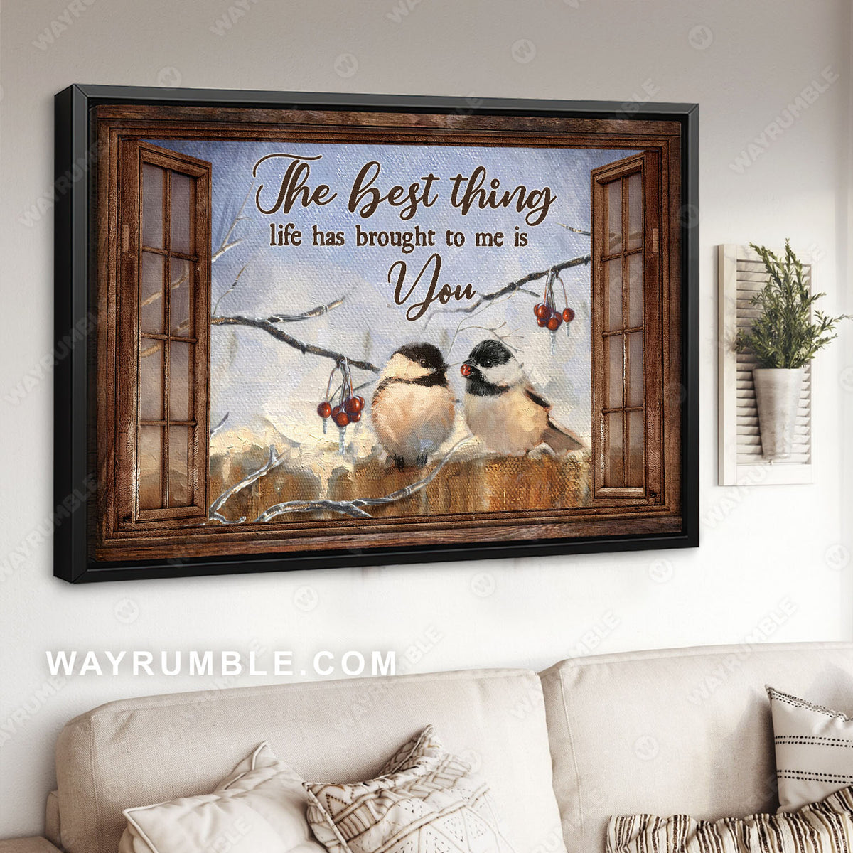 Winter tree, Black-Capped Chickadee, The best thing life has brought to me is you - Couple Landscape Canvas Prints, Wall Art