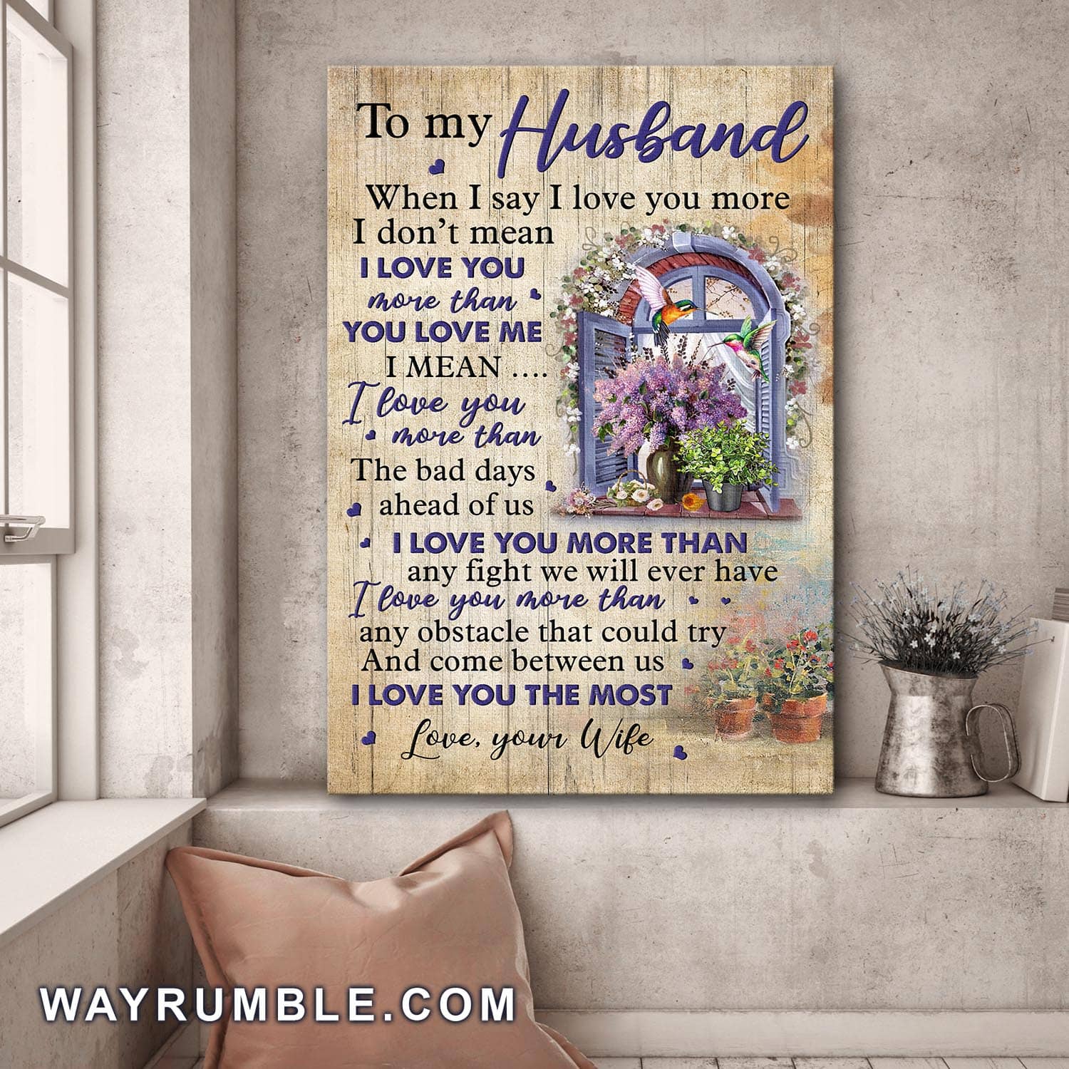 To my husband, Beautiful window, Hummingbird, Flower, I love you the most - Couple Portrait Canvas Prints, Wall Art