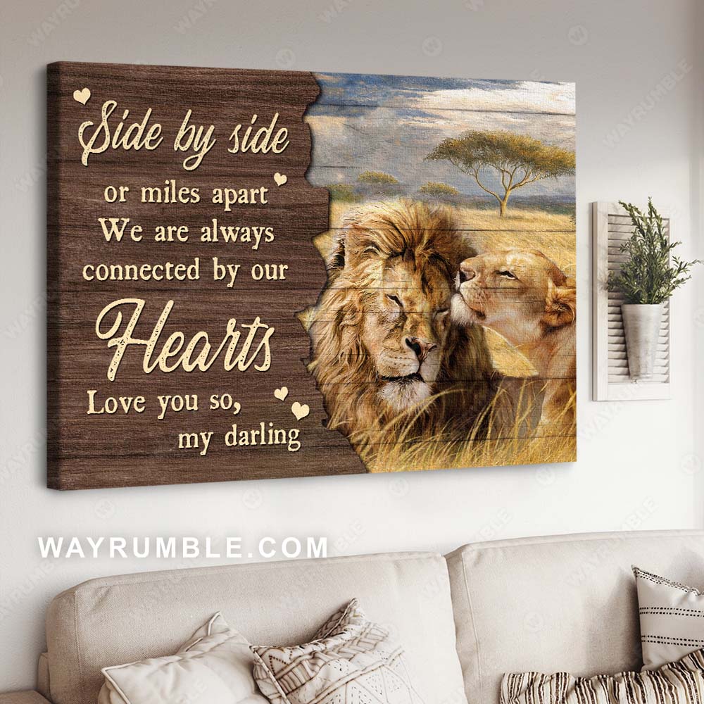 Beautiful lion drawing, Rice field, We are always connected by our hearts - Couple Landscape Canvas Prints, Wall Art