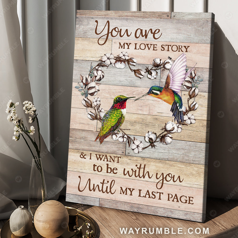 Hummingbird painting, Cotton flower, You are my love story - Couple Portrait Canvas Prints, Wall Art
