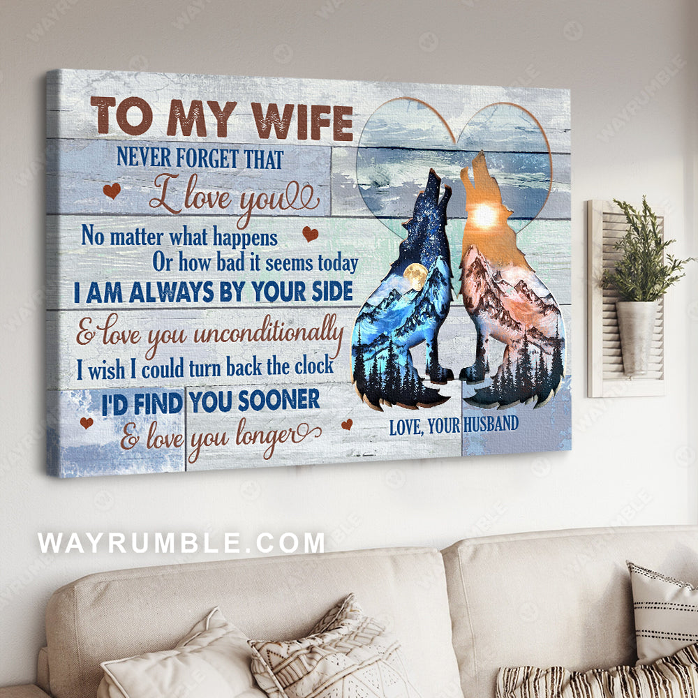 To my wife, Wolf painting, The sun and the moon, Mountain landscape, I love you unconditionally - Couple Landscape Canvas Prints, Wall Art