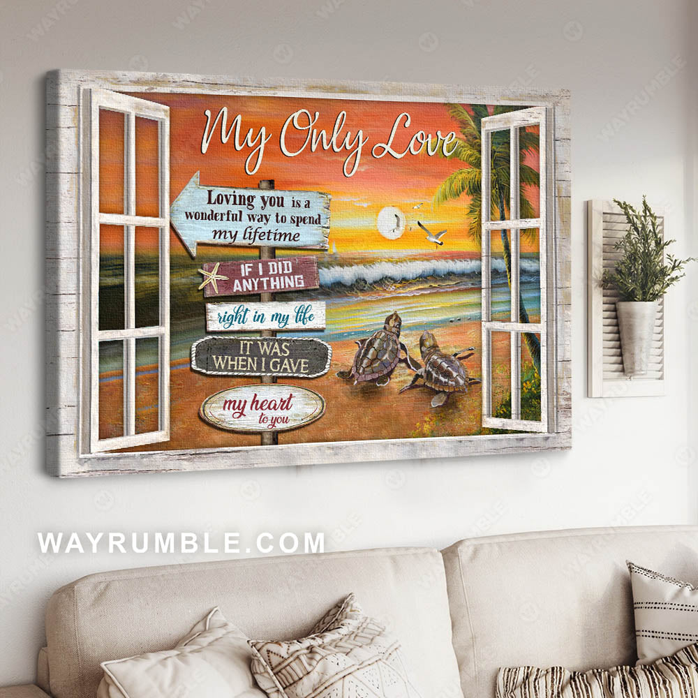 Sea turtle, On the beach, Sunset on sea, Loving you is a wonderful way to send my lifetime - Couple Landscape Canvas Prints, Wall Art