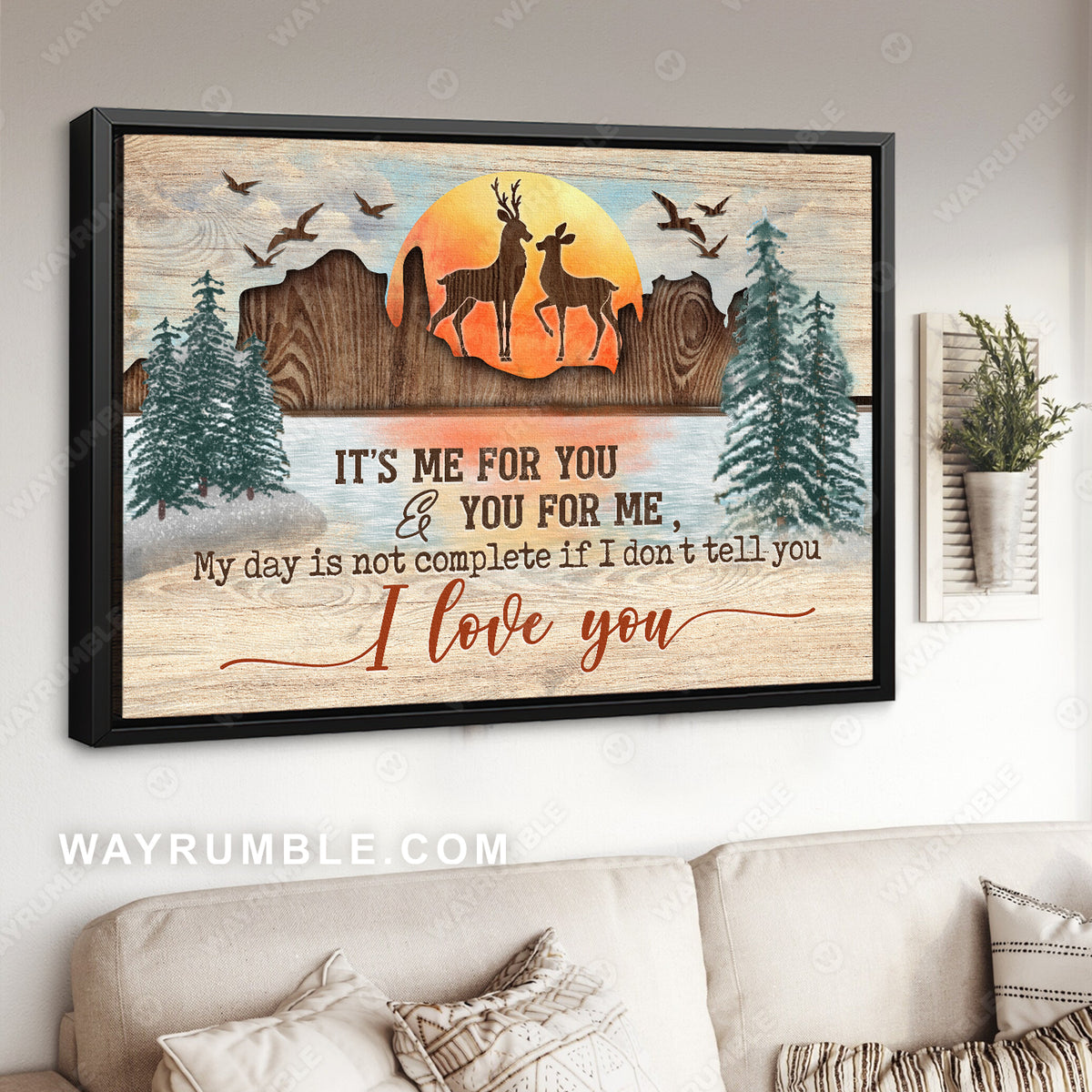 Deer couple, Sunset landscape, Mountain and river, Wood carving, It&#39;s me for you and You for me - Couple Landscape Canvas Prints, Wall Art