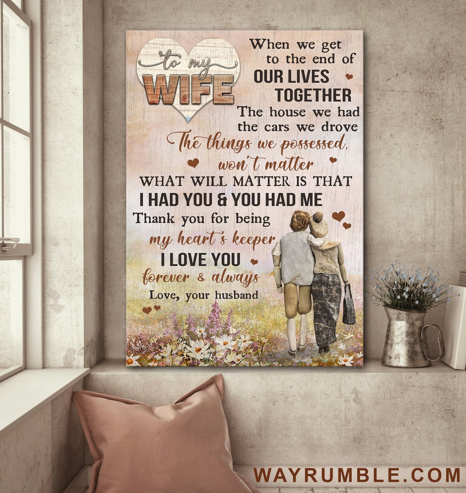 To my wife, Pebble couple, Flower field, Thank you for being my heart's keeper - Couple Portrait Canvas Prints, Wall Art