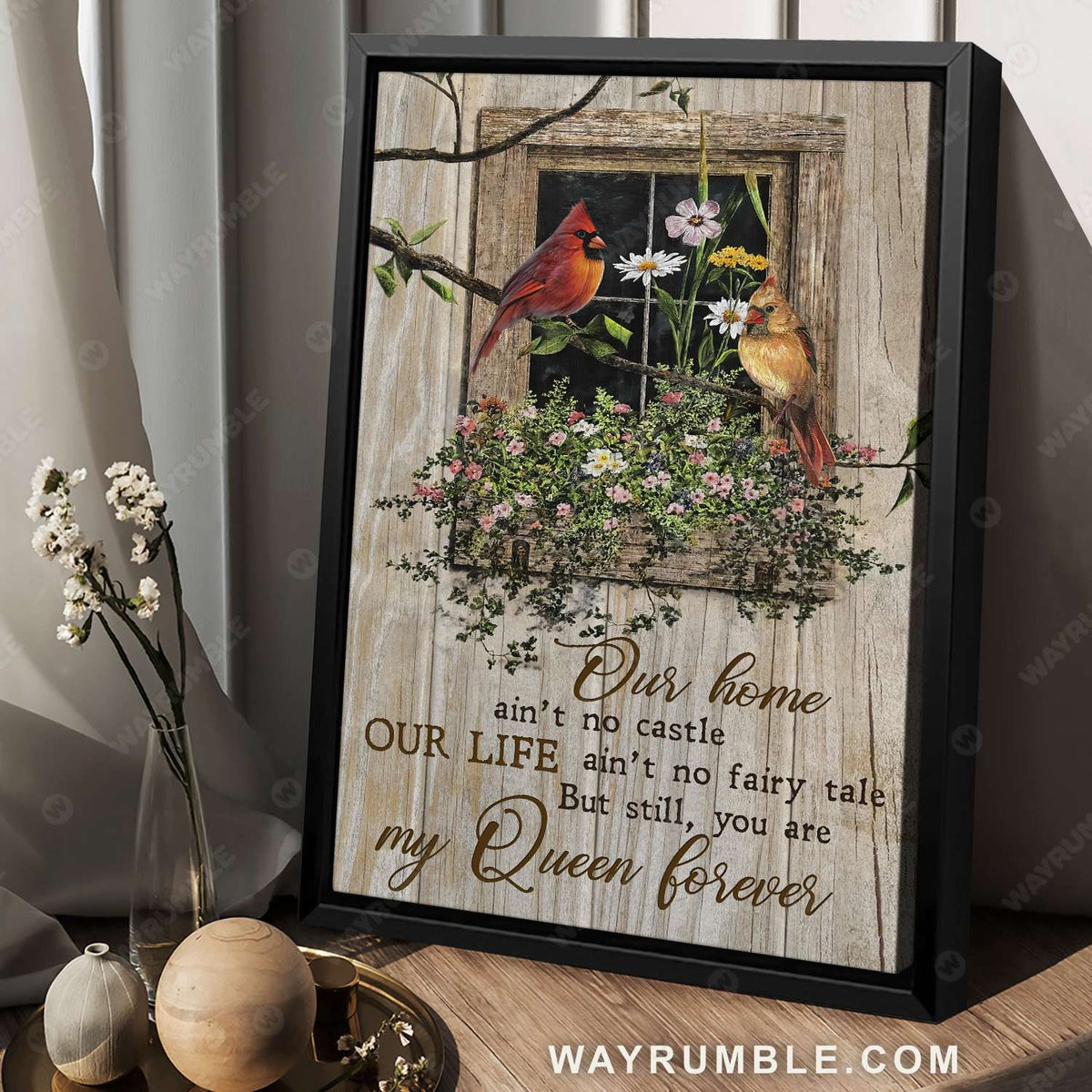 Beautiful cardinal, Flower drawing, Small window, You are my queen forever - Couple Portrait Canvas Prints, Wall Art