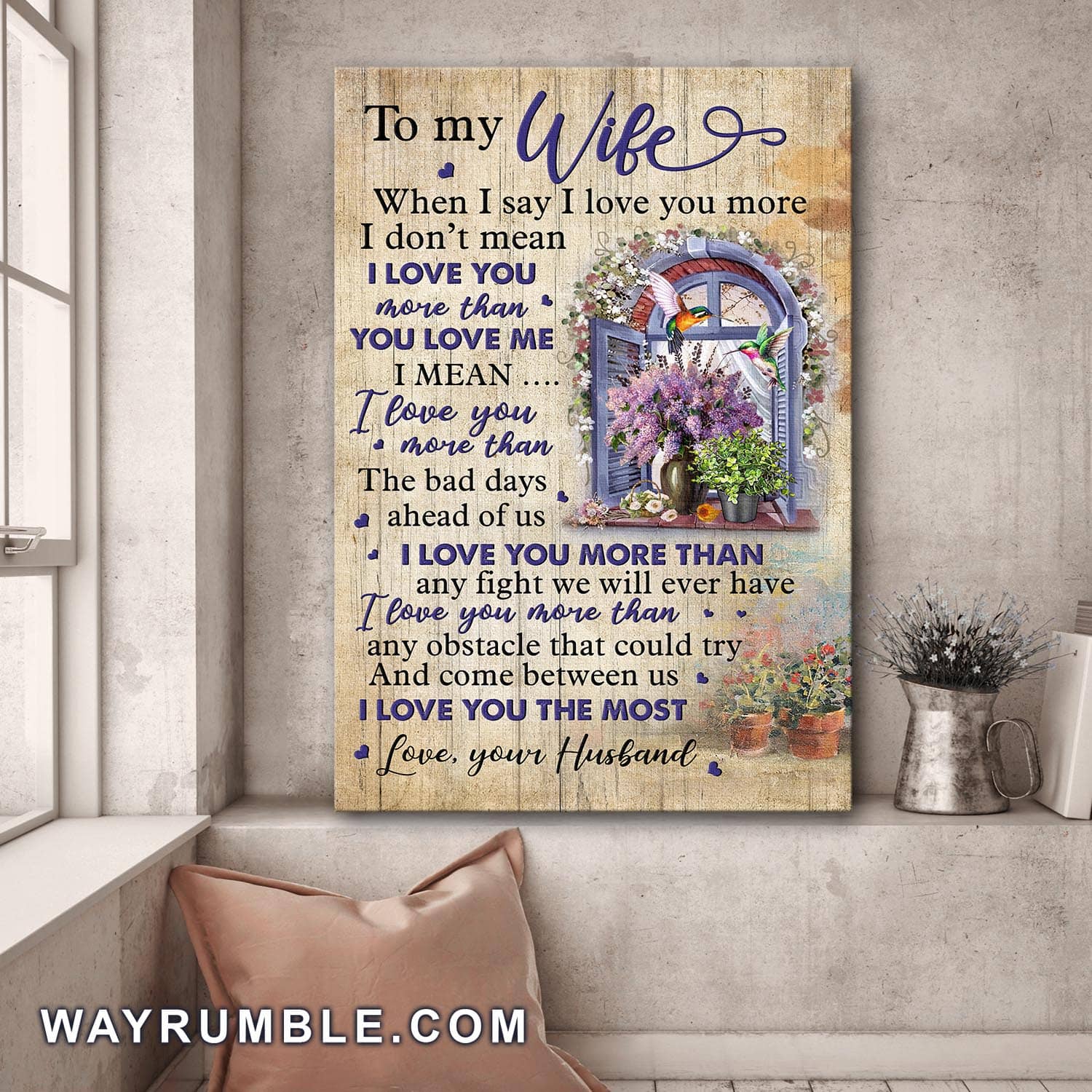 To my wife, Beautiful window, Hummingbird, Flower, I love you the most - Couple Portrait Canvas Prints, Wall Art