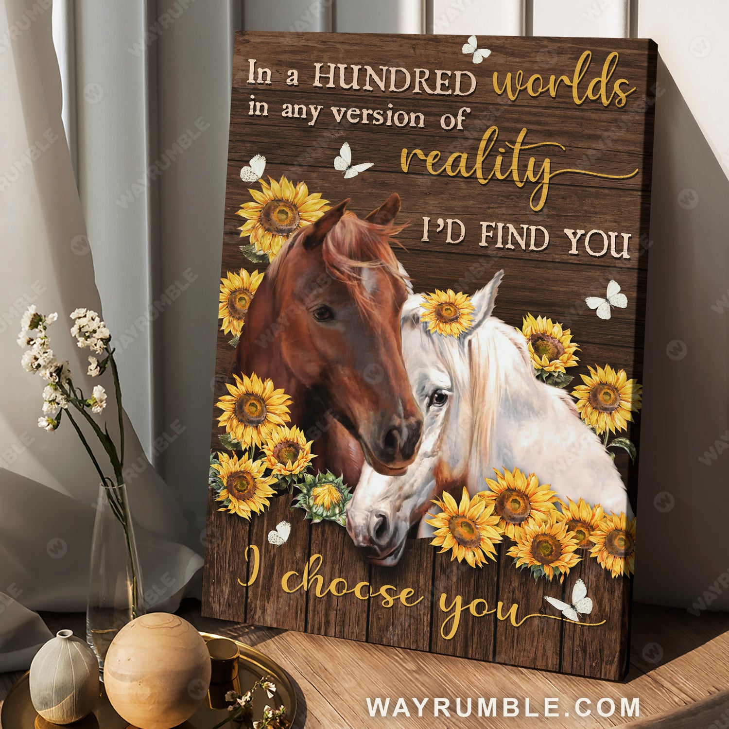 Horse drawing, The loving horse couple, Sunflower, I choose you in any version of reality - Couple Portrait Canvas Prints, Wall Art