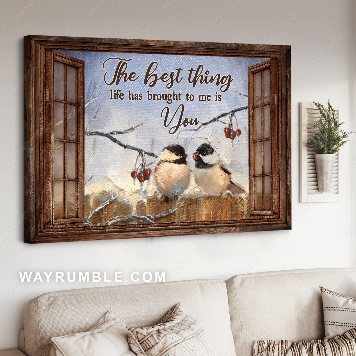 Winter tree, Black-Capped Chickadee, The best thing life has brought to me is you - Couple Landscape Canvas Prints, Wall Art