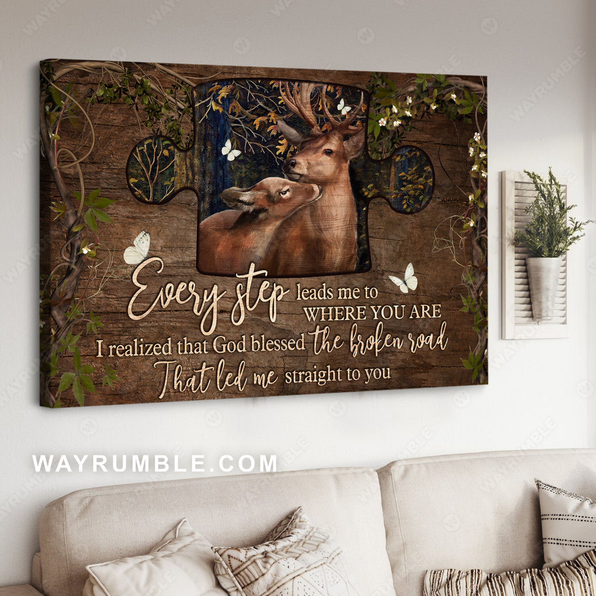 Deer couple, In the forest, Puzzle piece, God blessed the road that led me to you - Couple Landscape Canvas Prints, Wall Art
