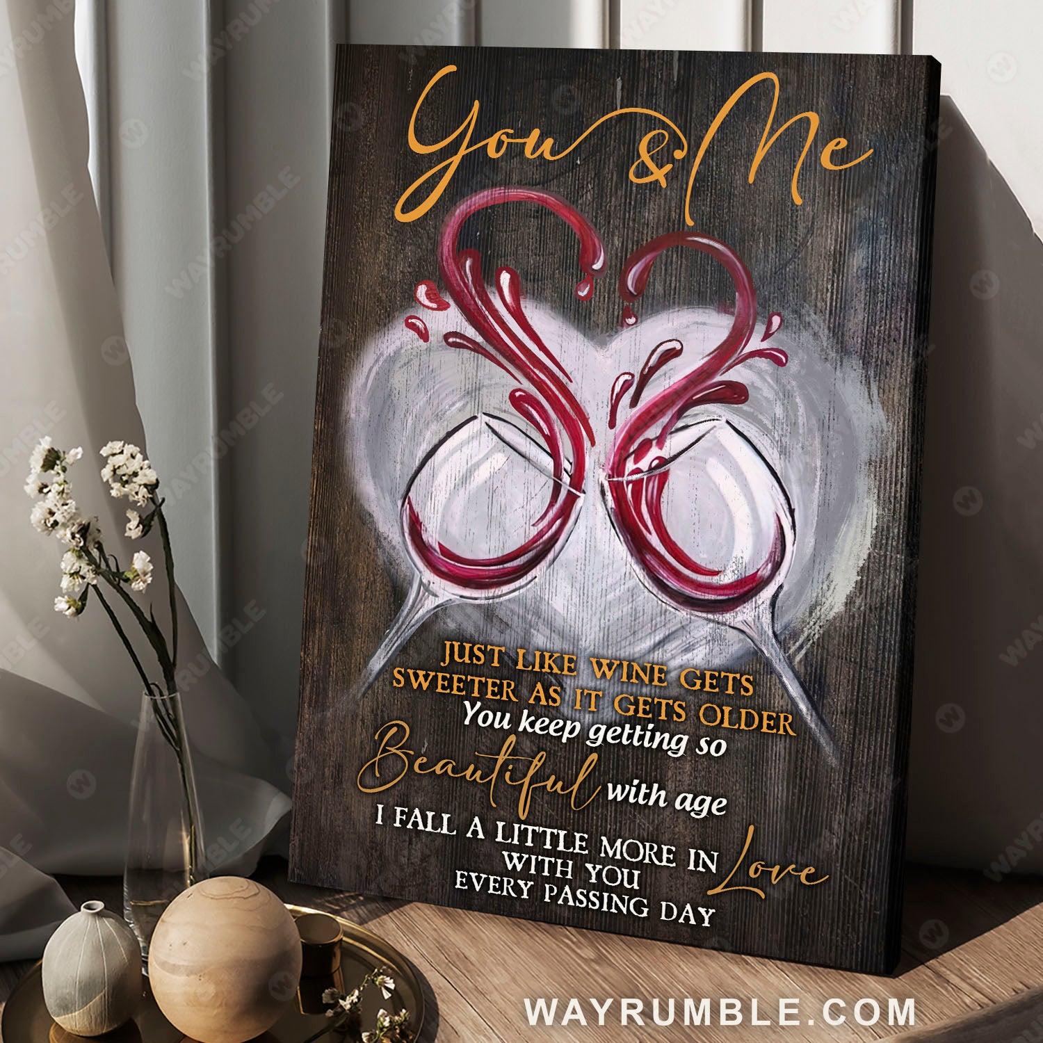 Wine glass painting, Heart shape, I fall more in love with you every passing day - Couple Portrait Canvas Prints, Wall Art