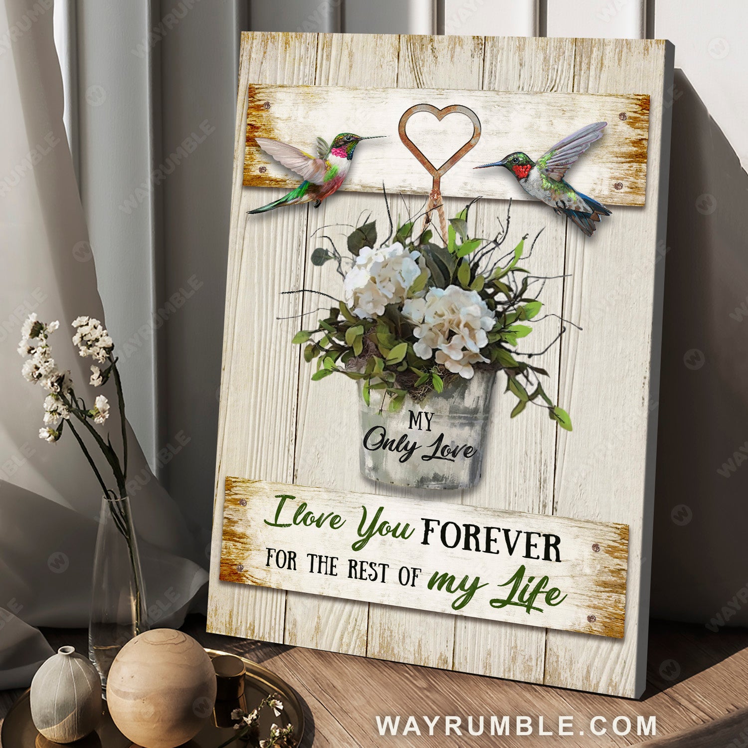 Hummingbird, Flower painting, Vintage white background, I love you forever for the rest of my life - Couple Portrait Canvas Prints, Christian Wall Art