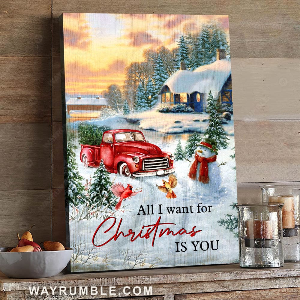 Red truck, Snowman, Winter garden, All I want for Christmas is you - Couple Portrait Canvas Prints, Wall Art