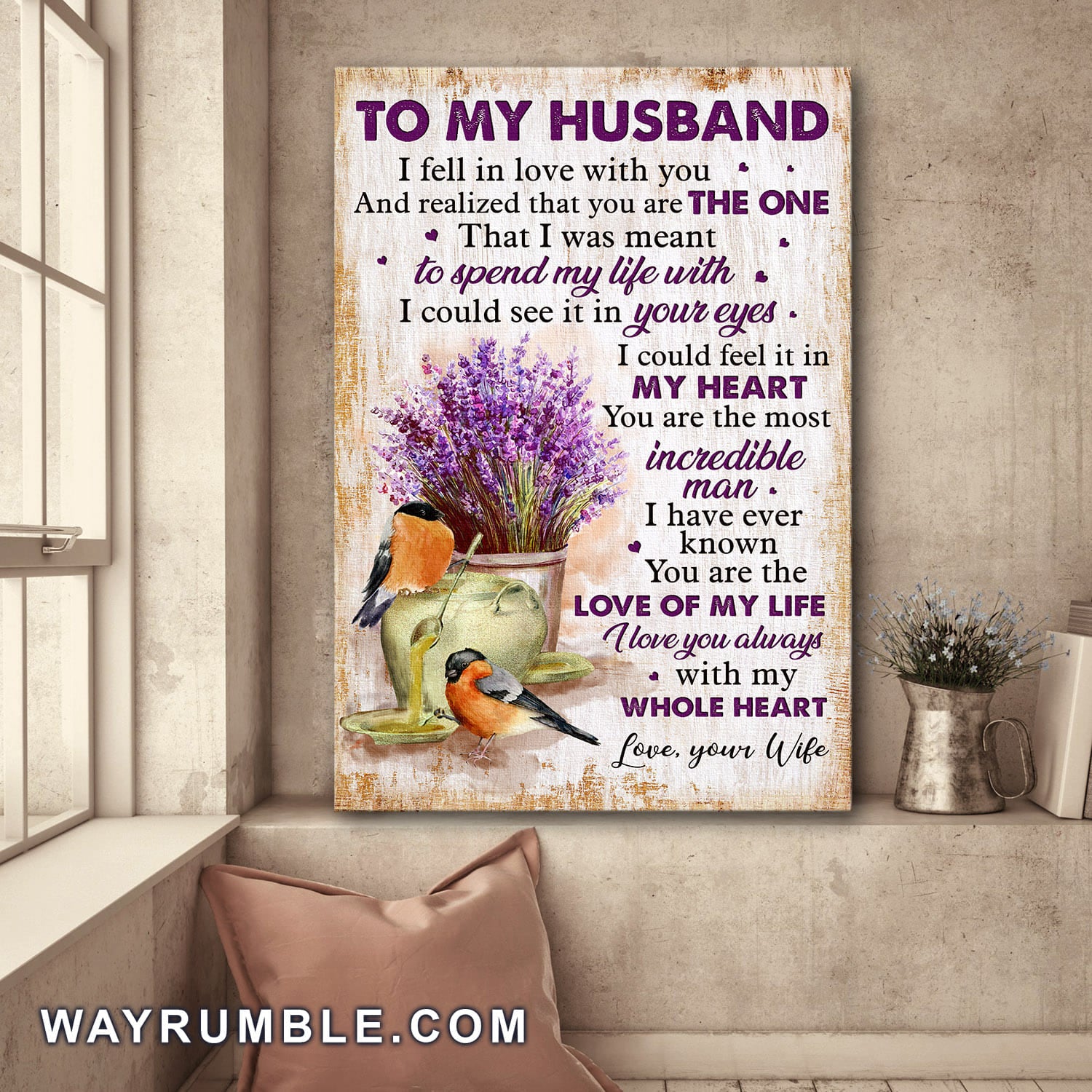 To my husband, Lavender, Bird couple, I love you always with my whole heart - Family Portrait Canvas Print, Wall Art