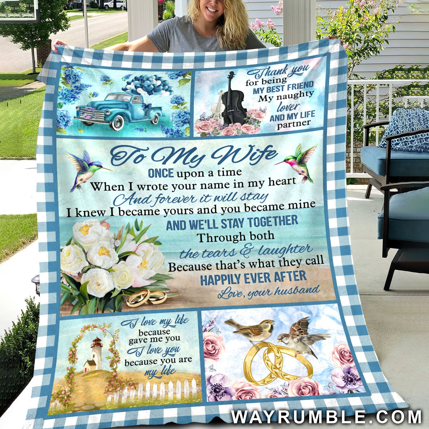 To my wife, White wedding flower, Church on the hill, That's what they call Happily ever after - Couple Blanket