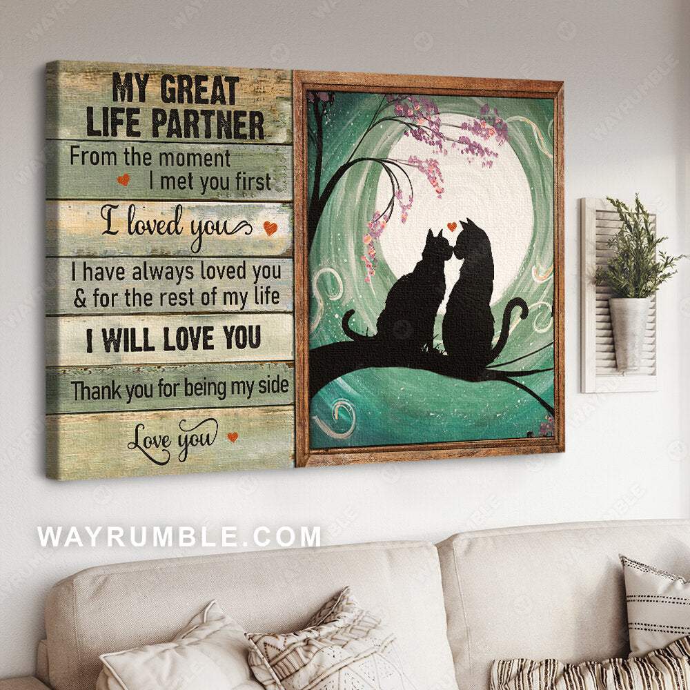 Black cat painting, Pink flower, Full-moon drawing, Thank you for being my side - Couple Landscape Canvas Prints, Wall Art