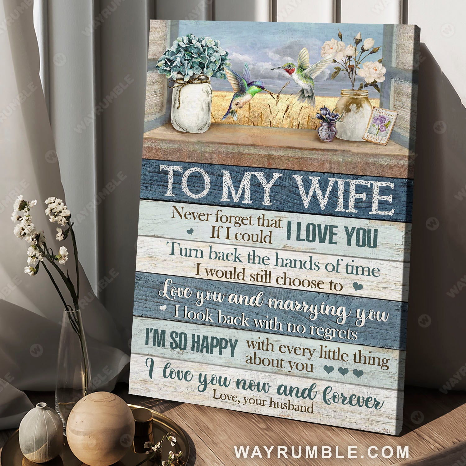 To my wife, Vintage flower, Hummingbird couple, By the window frame, I love you now and forever - Couple Portrait Canvas Prints, Wall Art