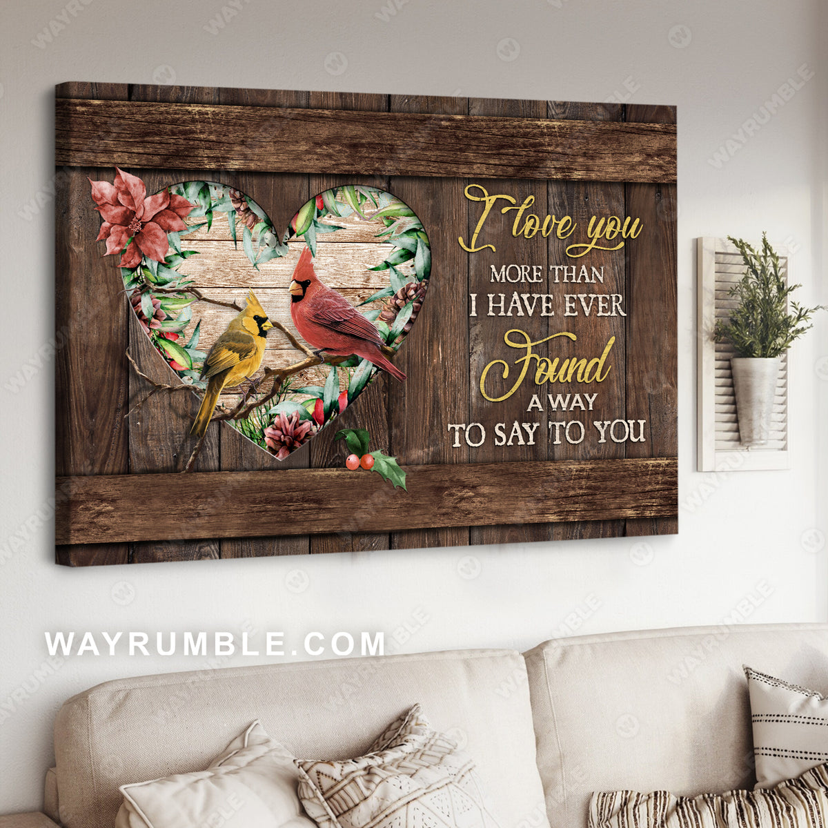 Cardinal couple, Poinsettia painting, Wooden background, I love you more than I have ever said - Couple Landscape Canvas Prints, Wall Art