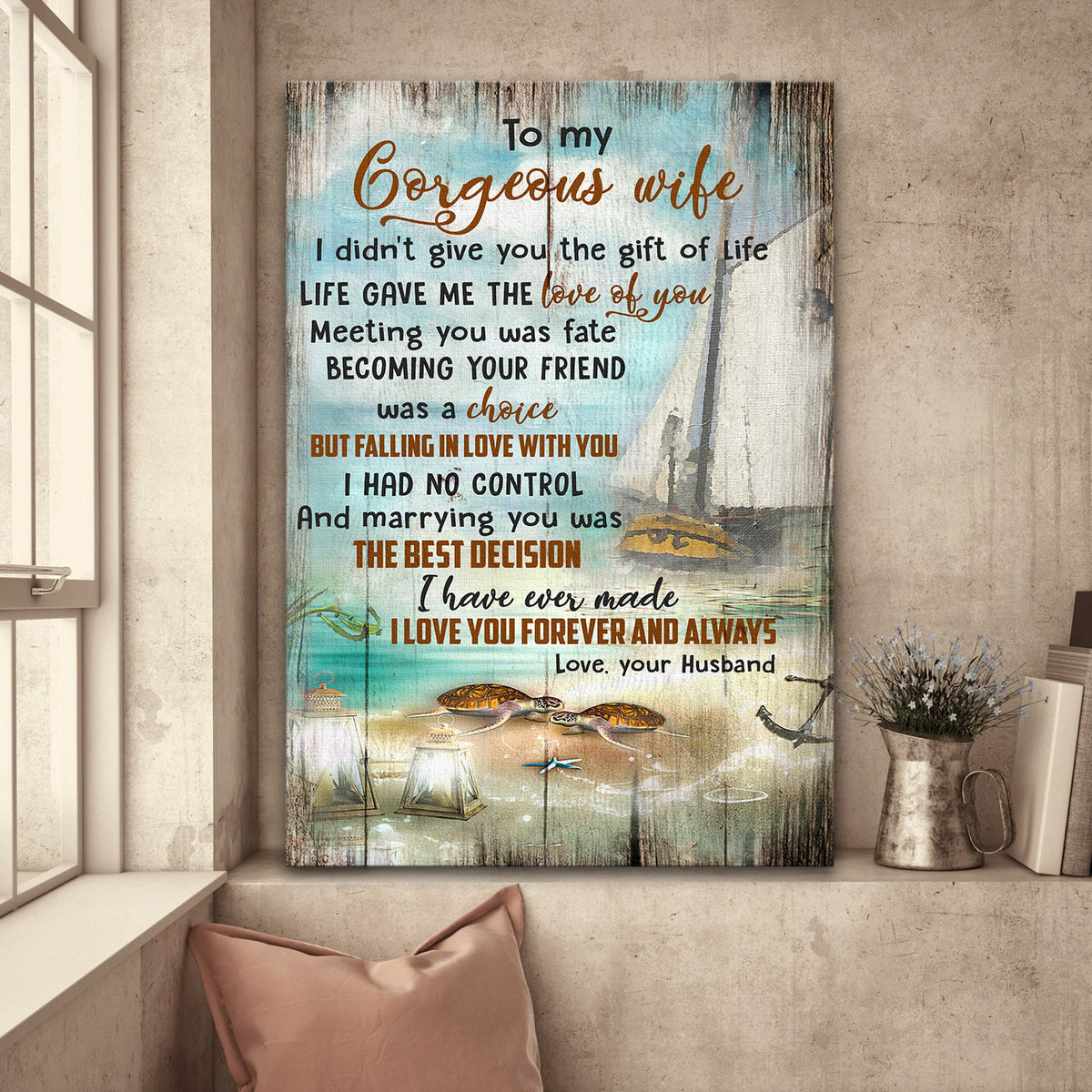 To my wife, Turtle on the beach, Boat, Marrying you was the best decision - Couple Portrait Canvas Prints, Wall Art
