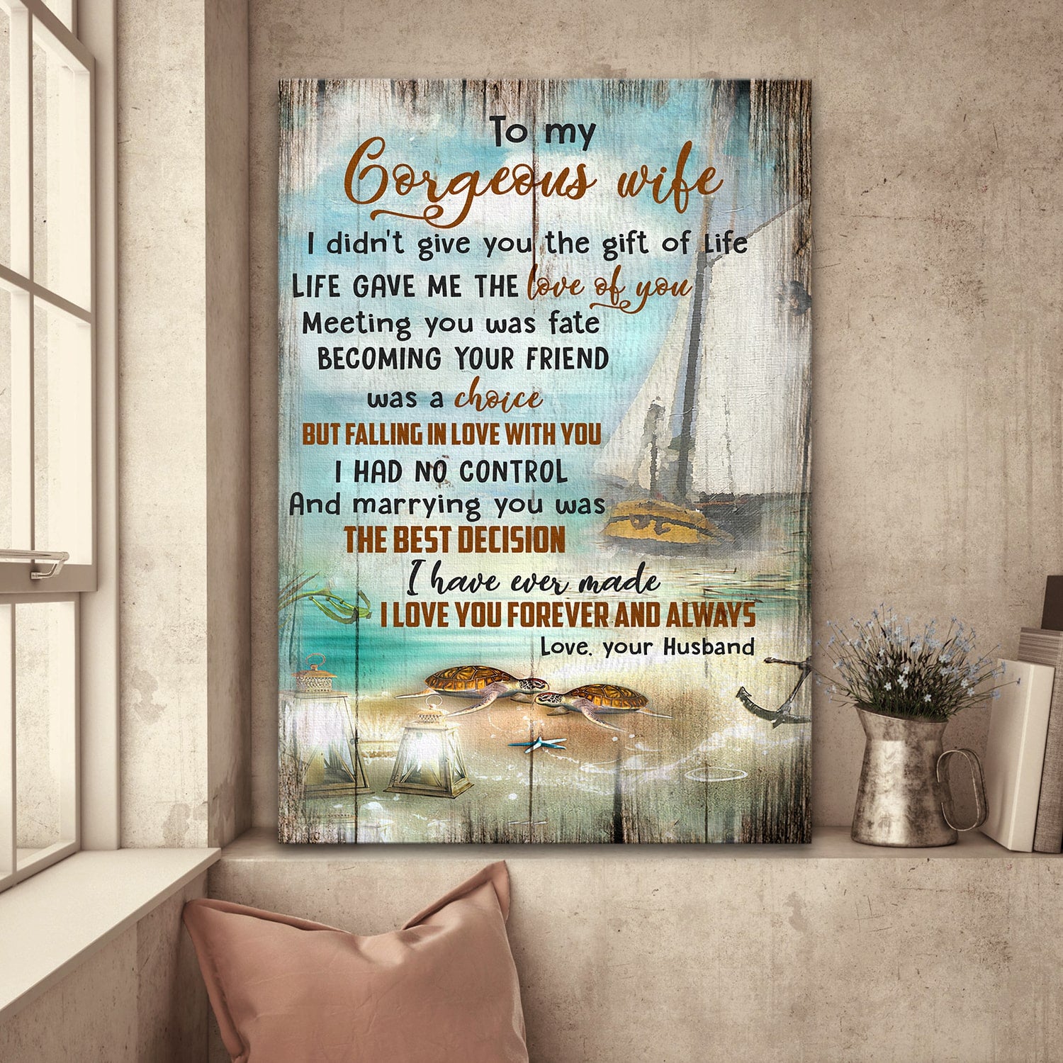To my wife, Turtle on the beach, Boat, Marrying you was the best decision - Couple Portrait Canvas Prints, Wall Art