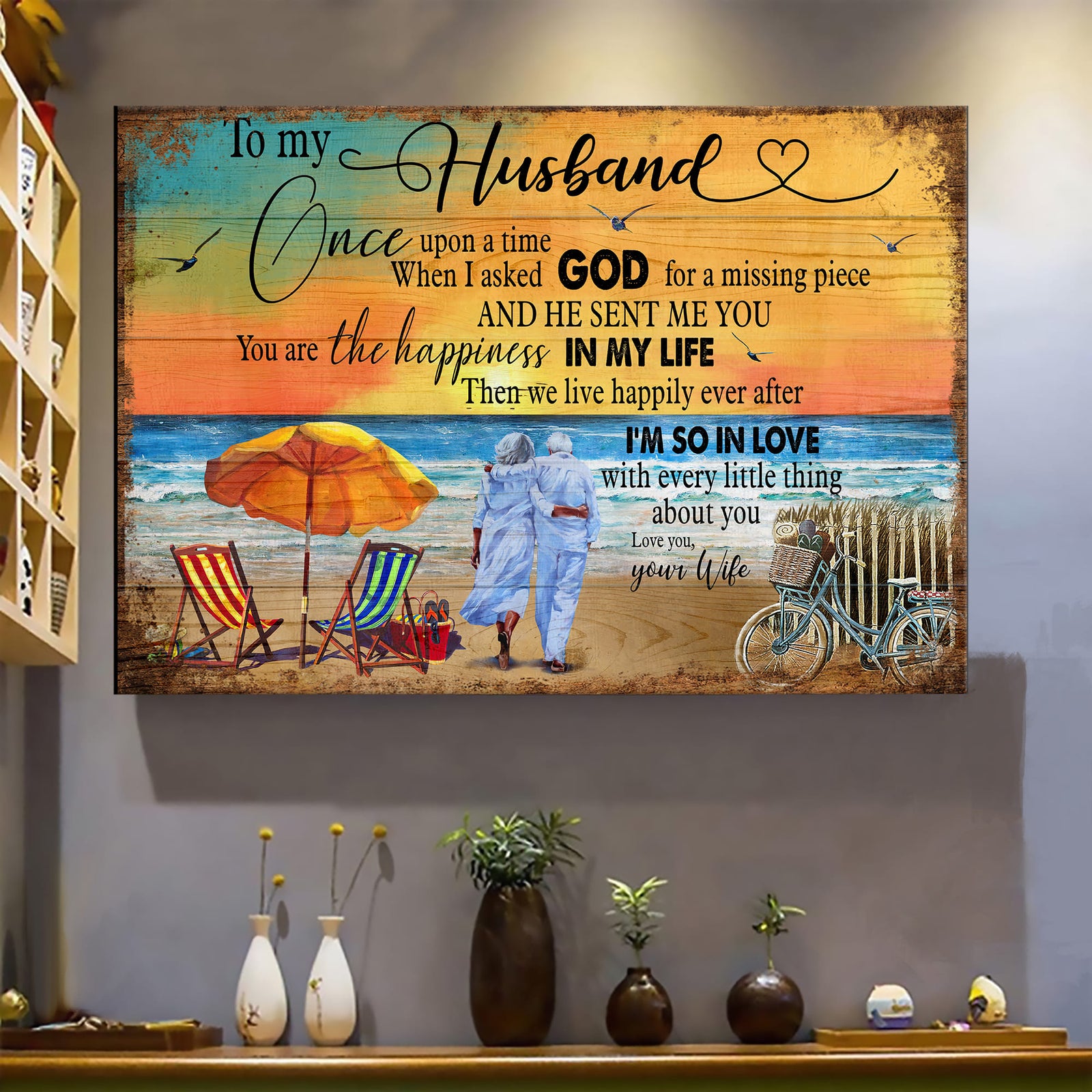 To my husband, Older Couple, Sunset beach, You are the happiness in my life - Couple Landscape Canvas Prints, Wall Art