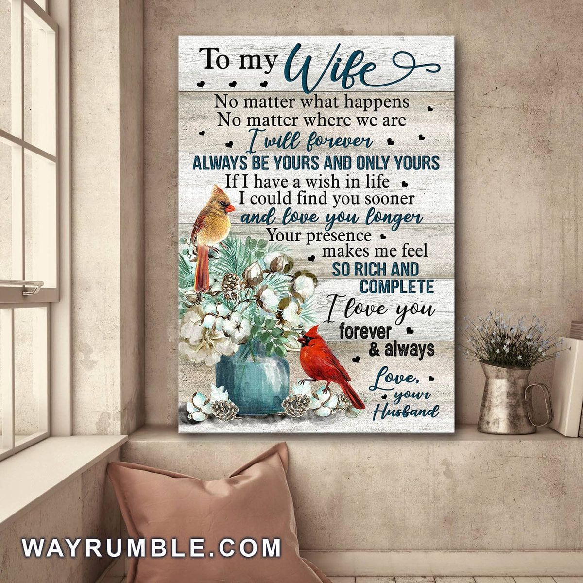  To my wife - Cardinal and cotton flowers - I&#39;ll forever be yours - Couple Portrait Canvas Print - Wall Art