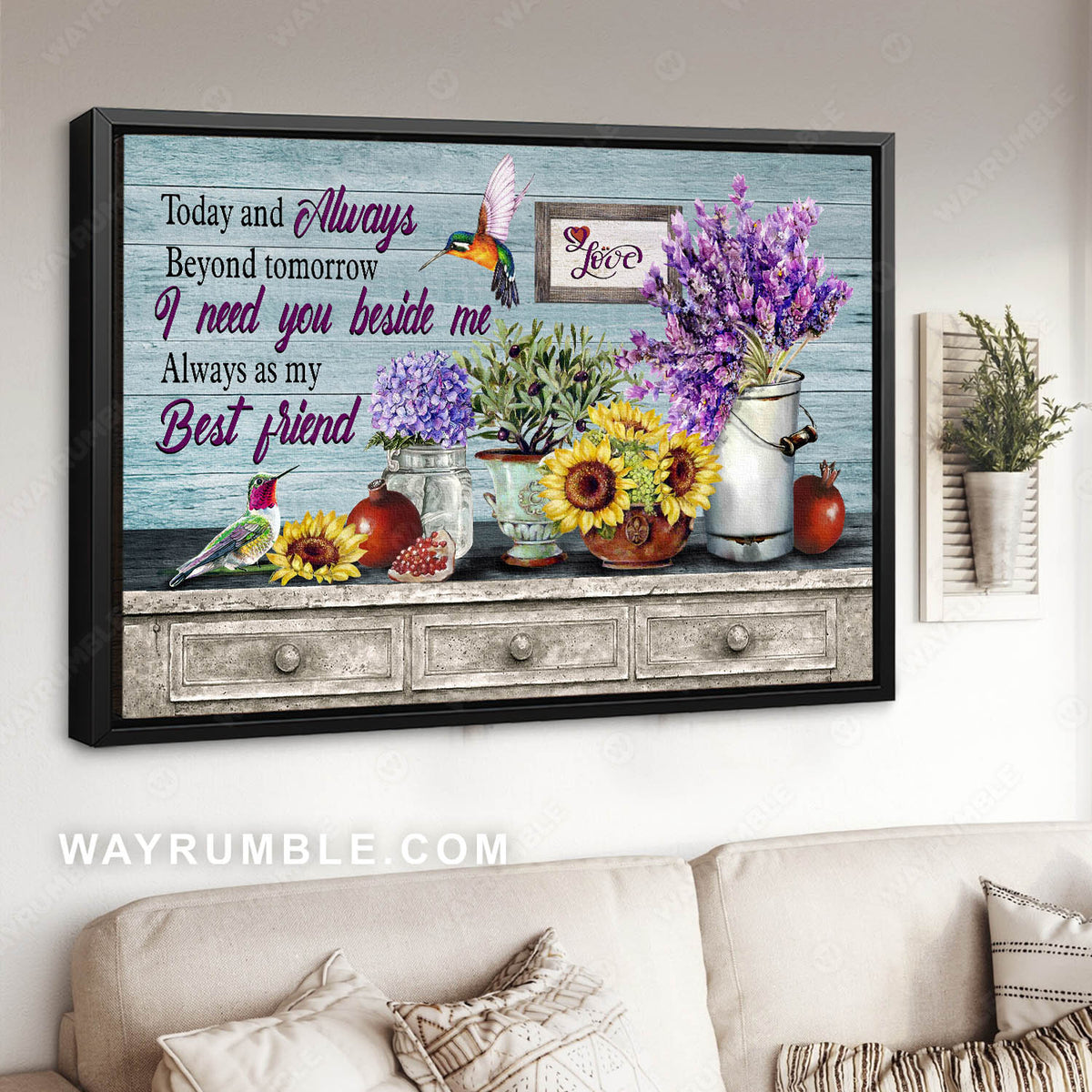 Hummingbird, Vintage flower, Lavender and sunflower painting, I need you beside me - Couple Landscape Canvas Prints, Wall Art