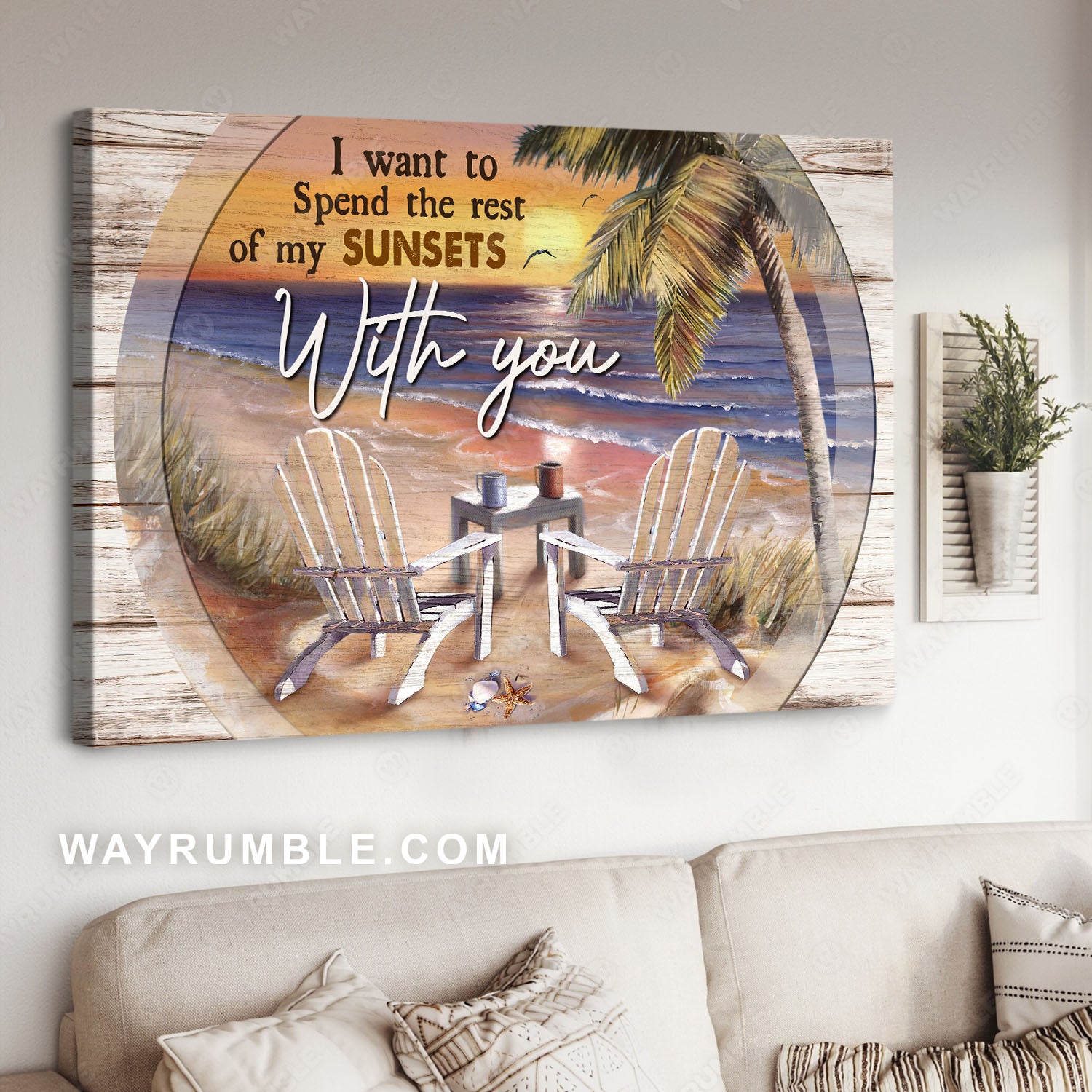 Beach chairs, Palm tree, Sunset sky, Spend my sunsets with you - Couple Landscape Canvas Prints, Wall Art